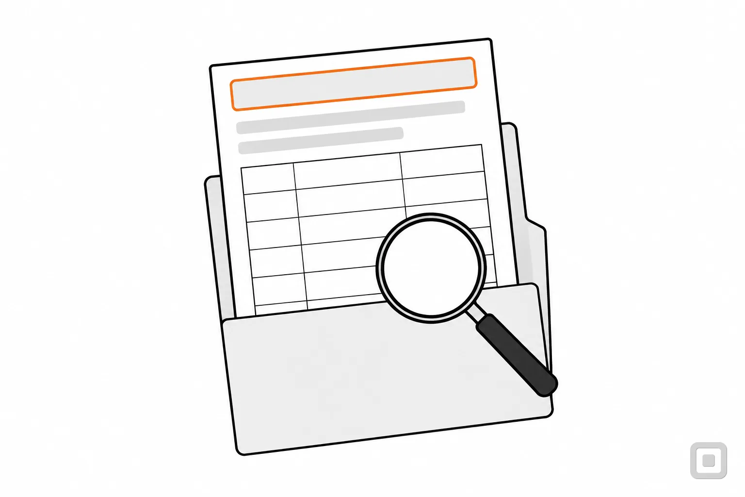 Line drawing of a document in a folder under a magnifier, its heading ringed in orange