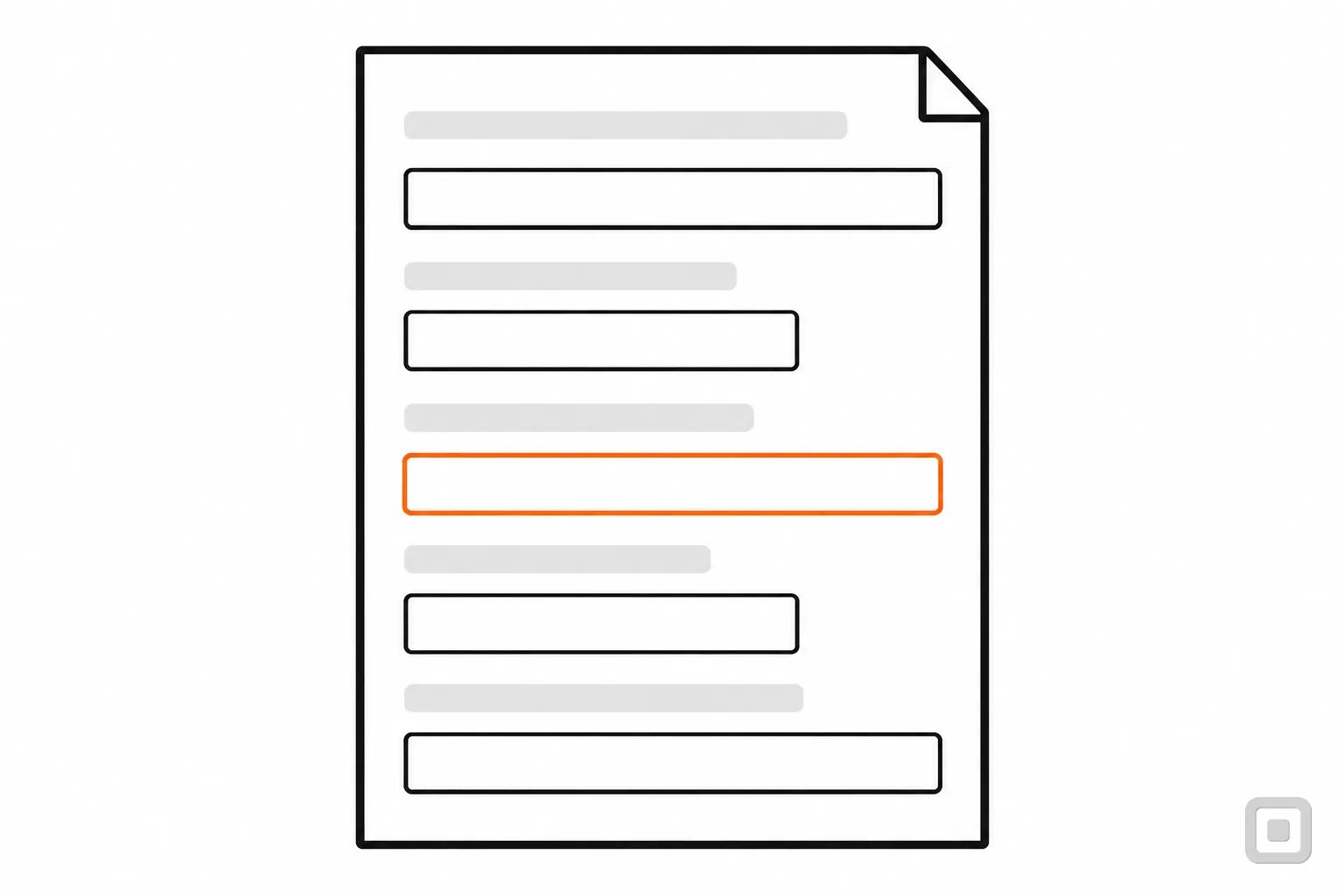 Line drawing of a form on a sheet, one input box ringed in orange