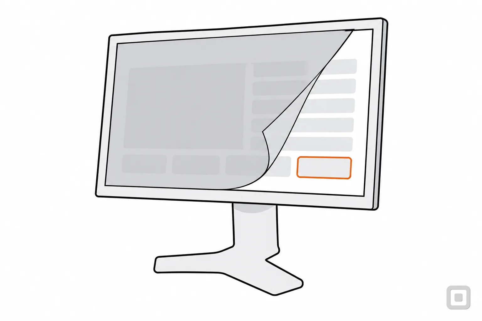 Line drawing of a grey sheet lifted off a page on a monitor, a button ringed in orange underneath