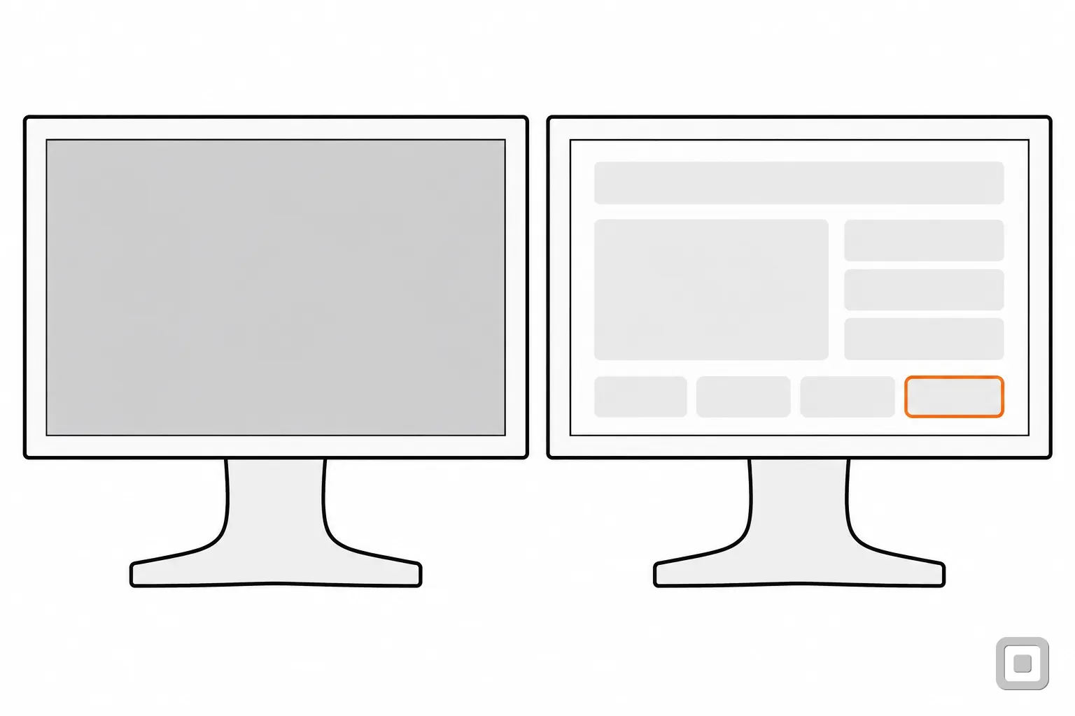 Line drawing of two monitors, one page covered by a grey sheet, the other with a button ringed in orange
