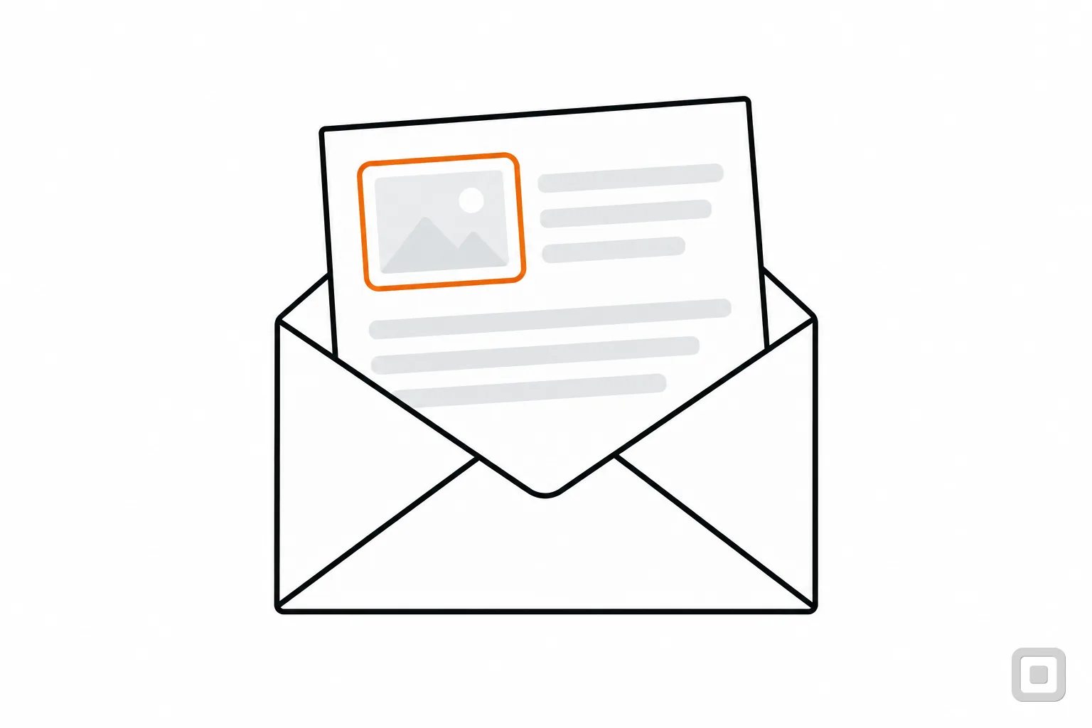 Line drawing of an envelope and letter with a picture ringed in orange