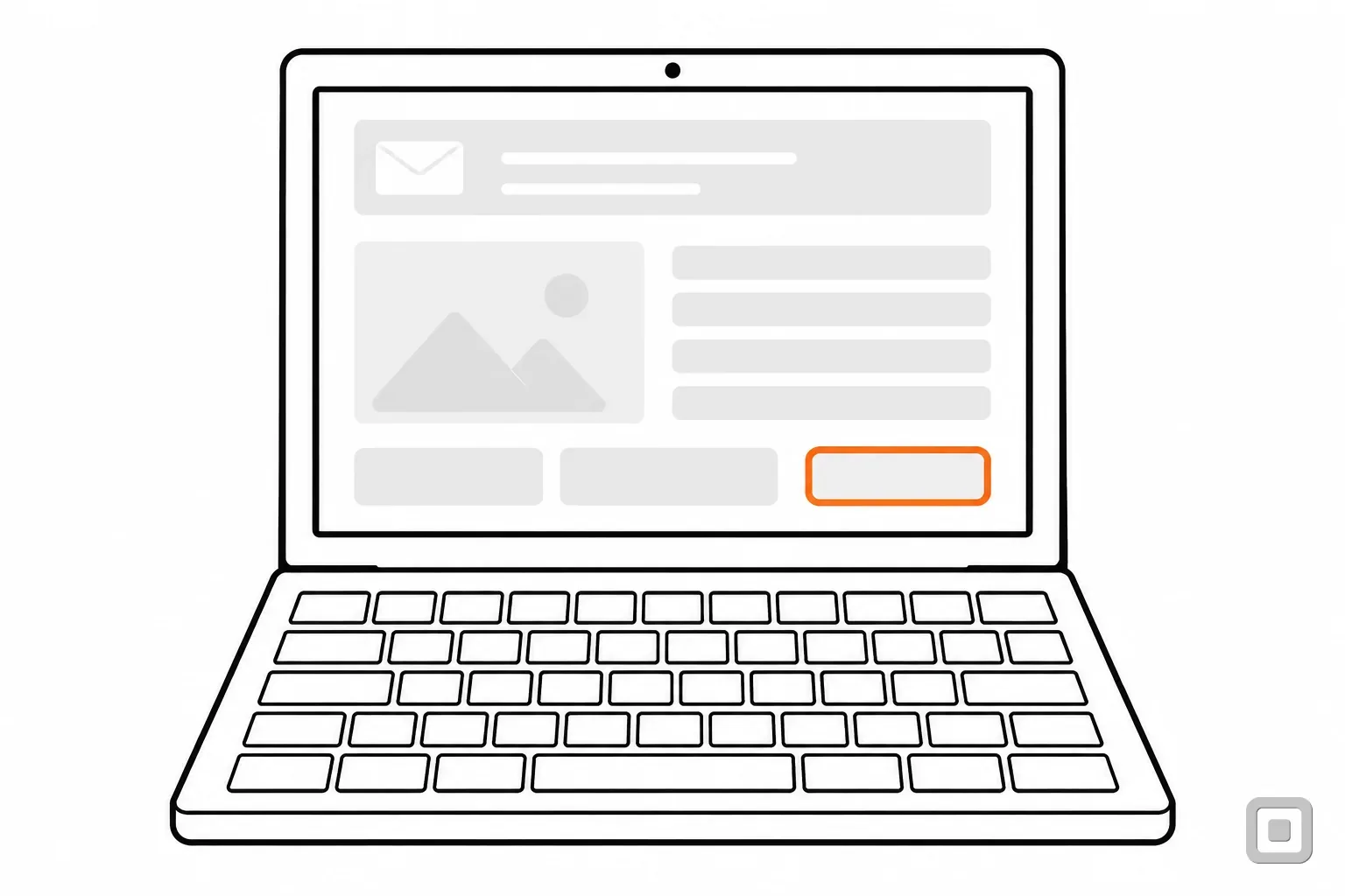 Line drawing of an email layout on a laptop, its button ringed in orange