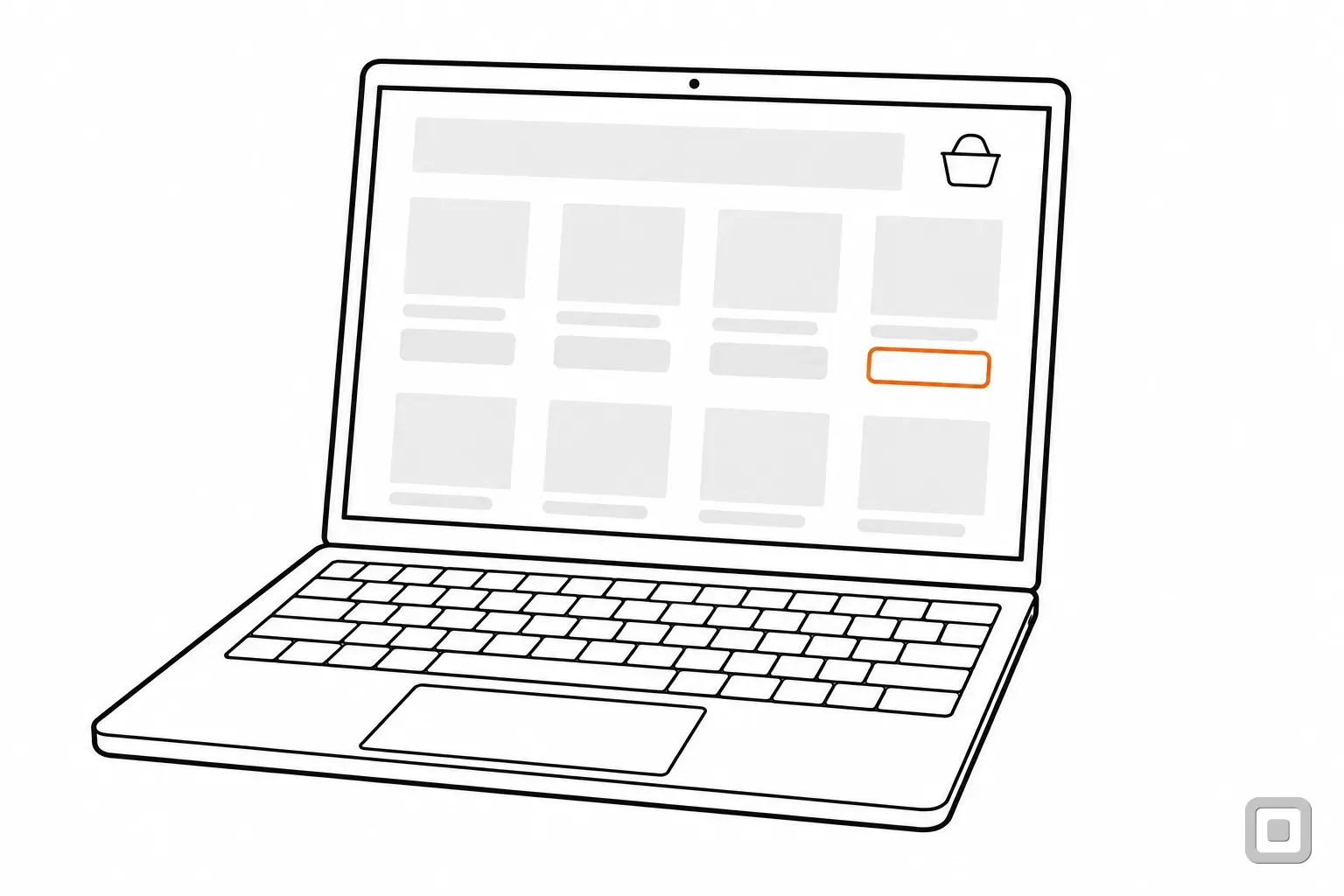Line drawing of a shop page on a laptop, one add button ringed in orange