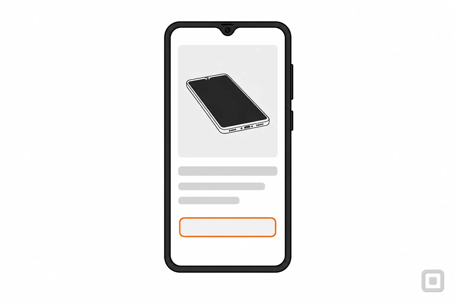 Line drawing of a phone showing a product page, its add button ringed in orange