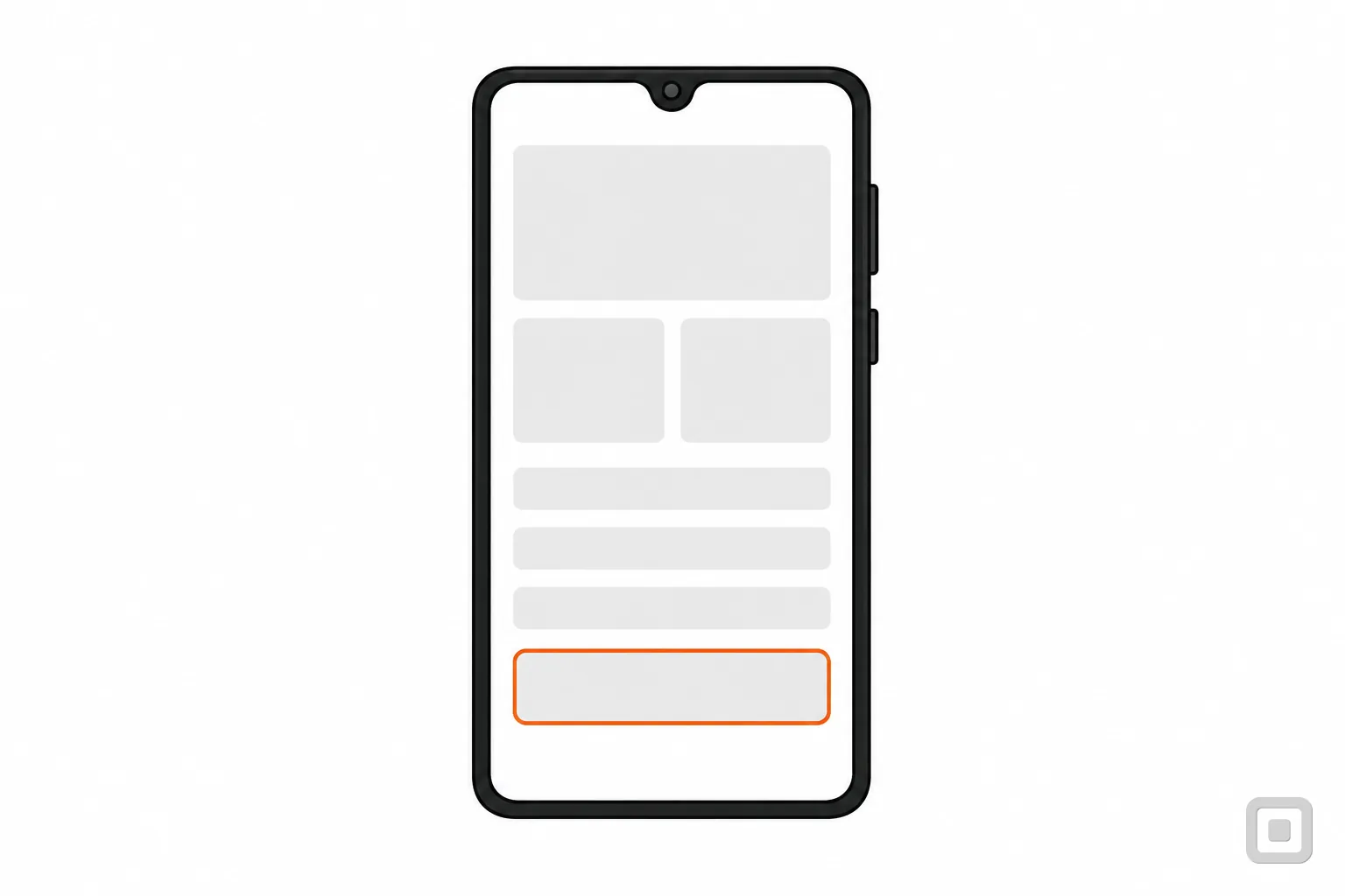 Line drawing of a phone showing a page, its button ringed in orange