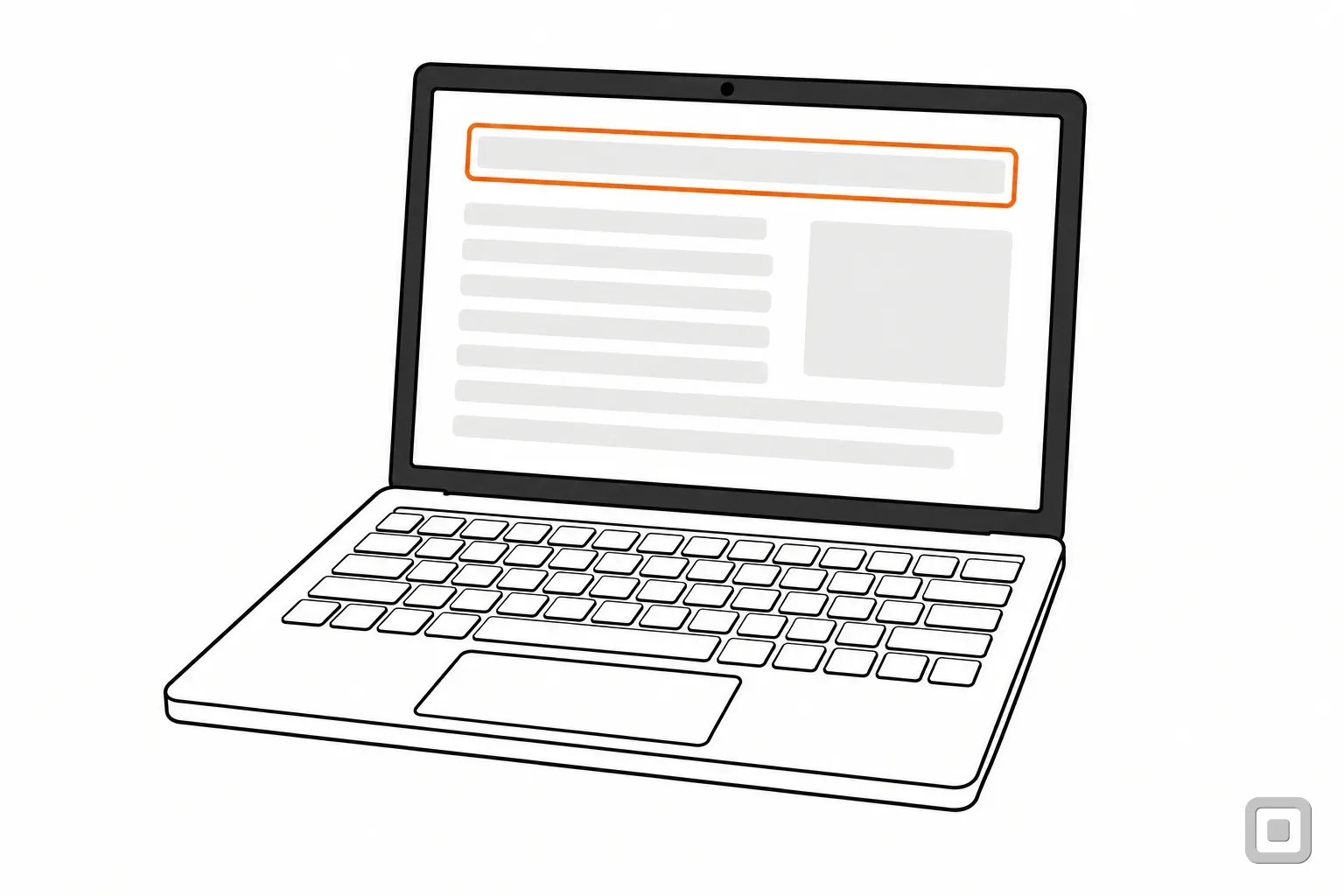 Line drawing of a document on a laptop, its heading ringed in orange
