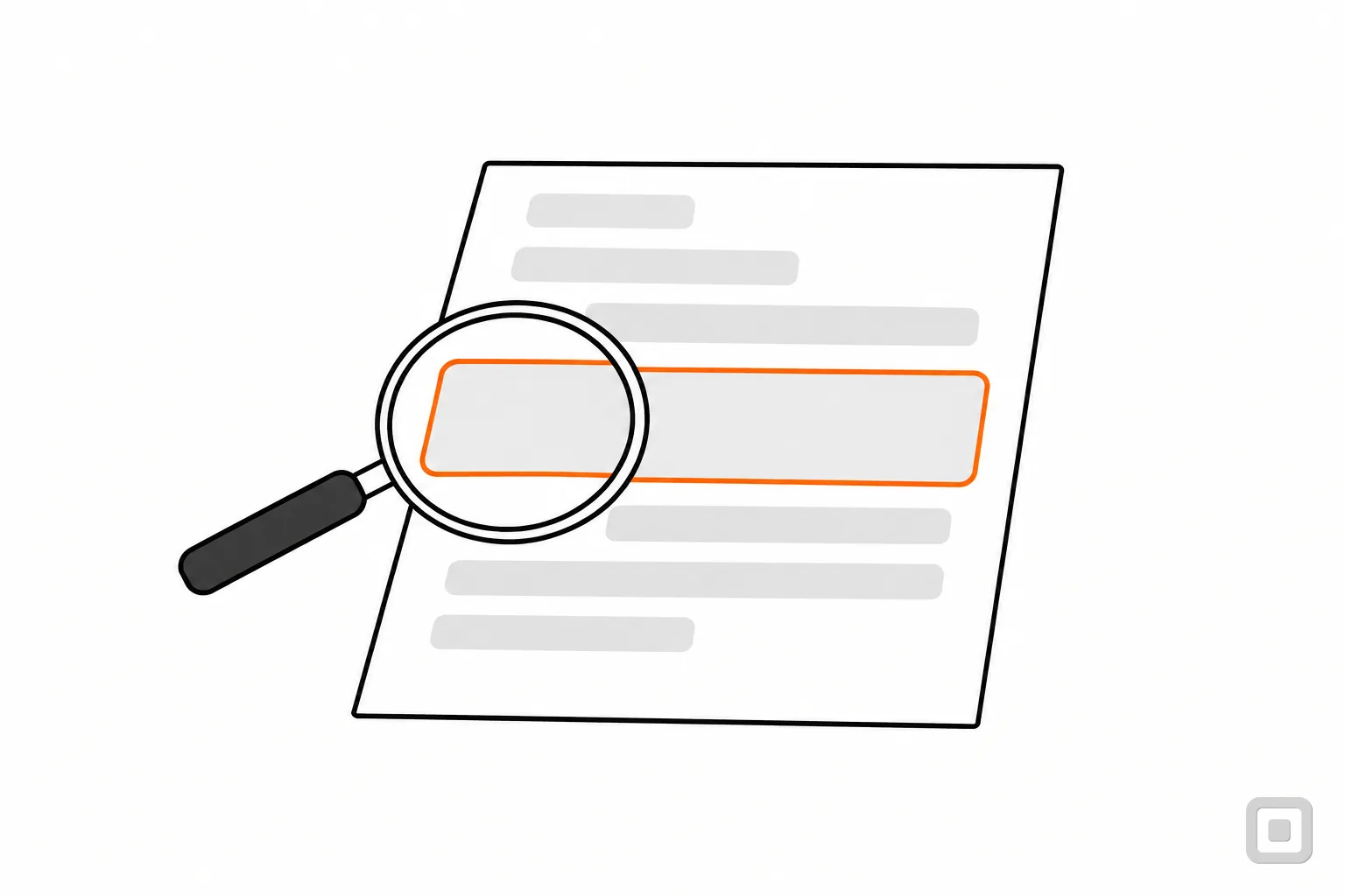 Line drawing of text lines in three sizes under a magnifier, one line ringed in orange