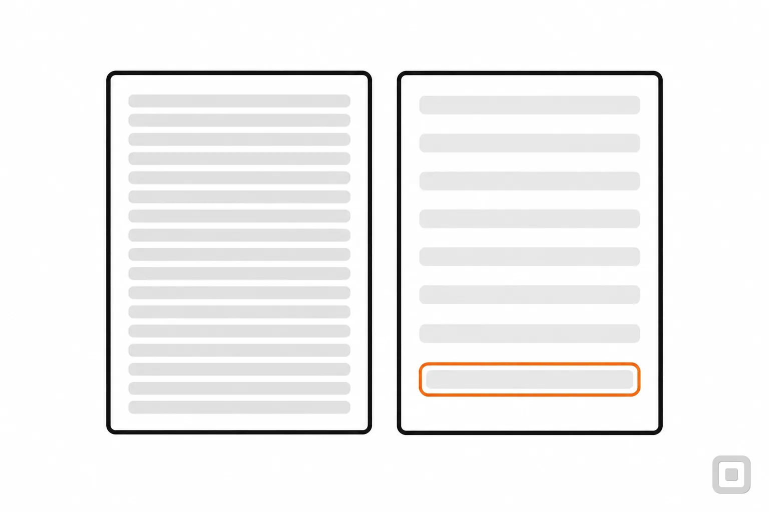 Line drawing of a cramped and a well-spaced text column, one line of the spaced column ringed in orange
