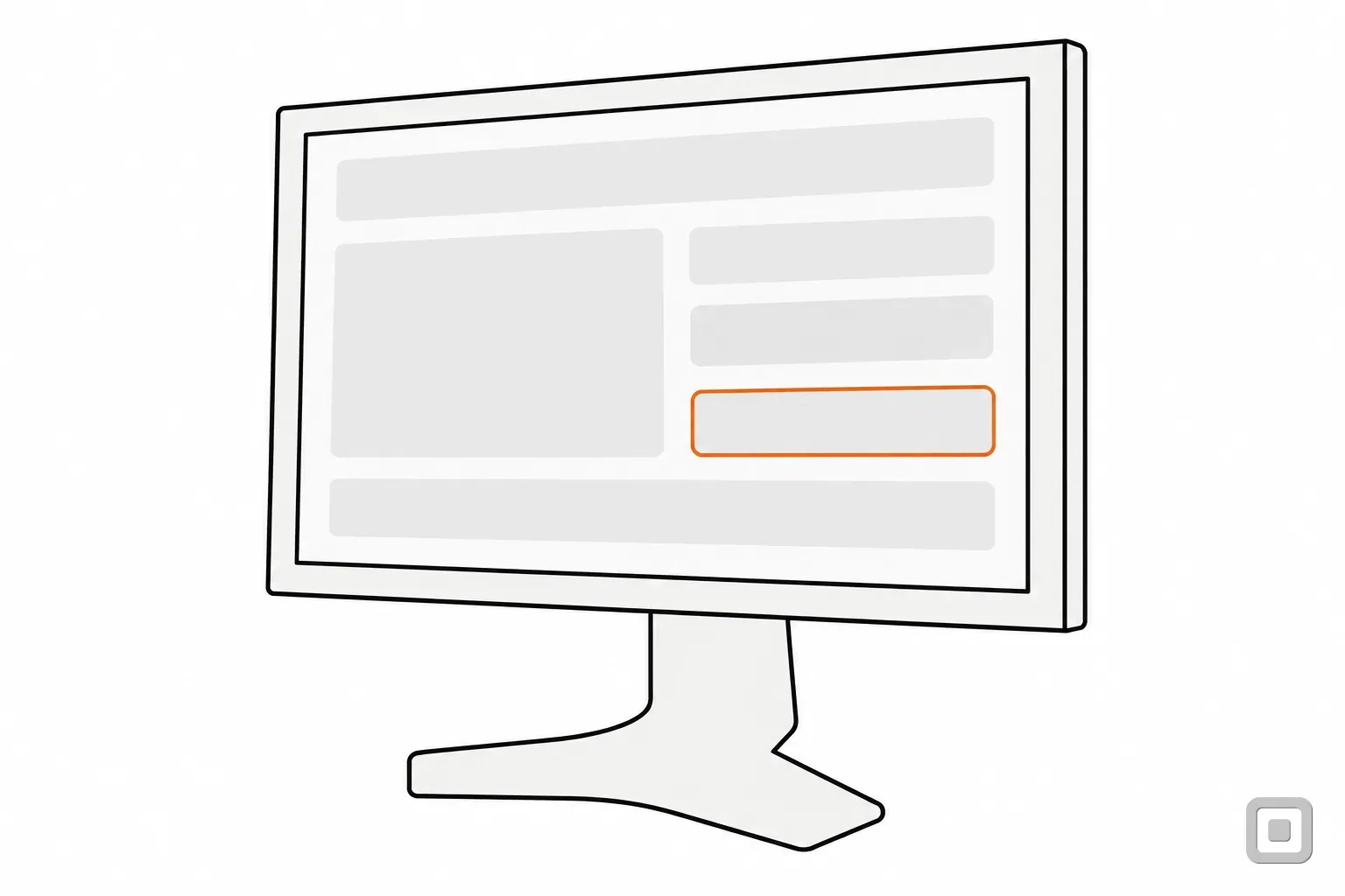 Line drawing of a monitor showing a page of grey blocks, one button in its right column ringed in orange