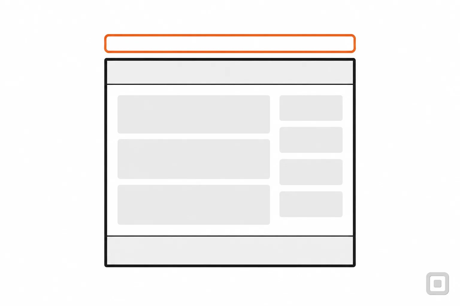 Line drawing of a page split into header, content and footer, its skip bar ringed in orange