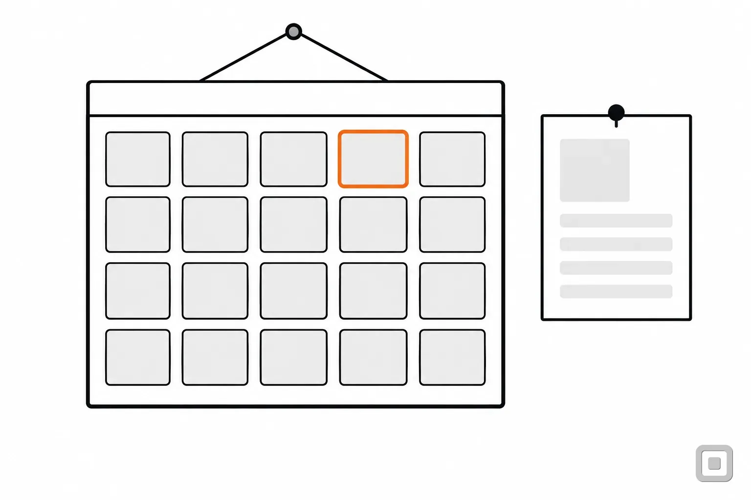 Line drawing of a wall calendar with one day ringed in orange beside a printed page pinned to the wall