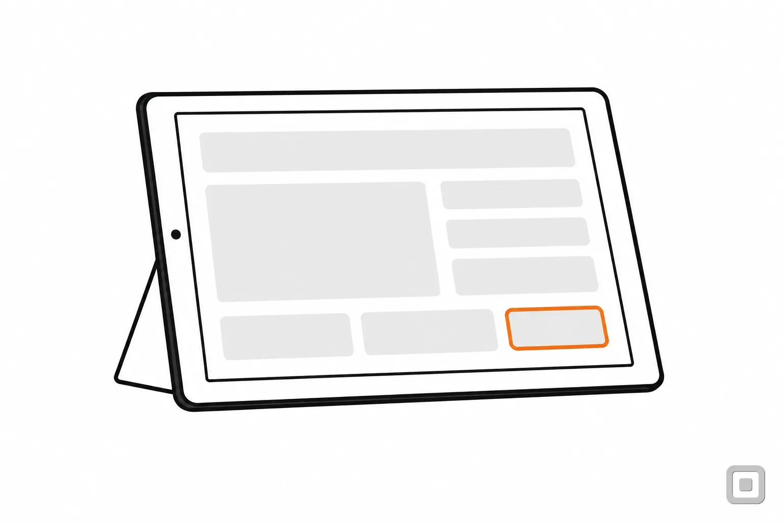 Line drawing of a web page on a monitor, its button ringed in orange