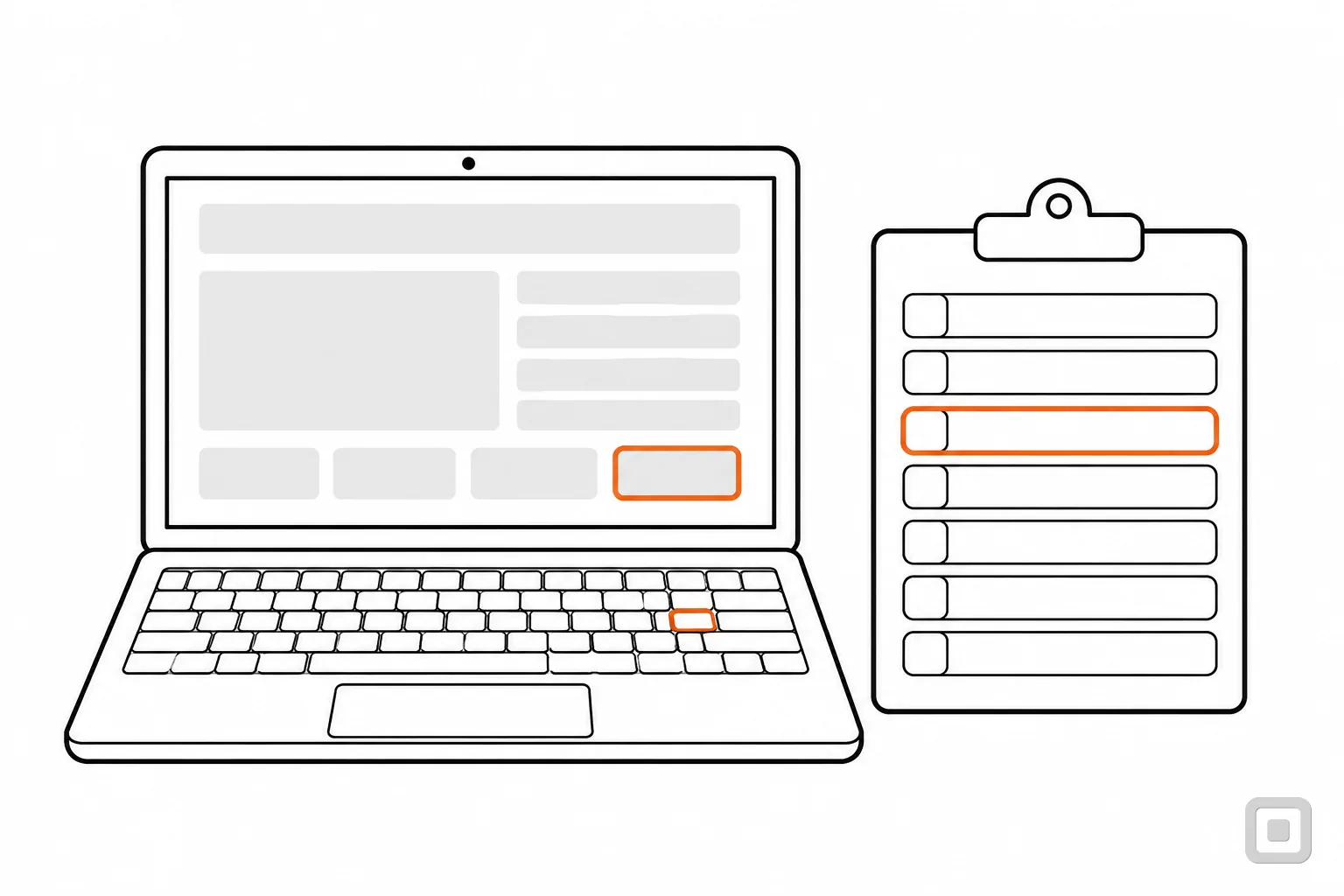Line drawing of a laptop and a clipboard of blank rows, one row ringed in orange