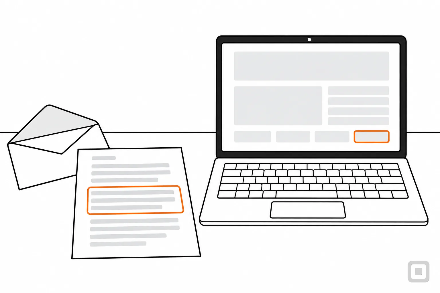 Line drawing of a letter, envelope and laptop, one paragraph ringed in orange