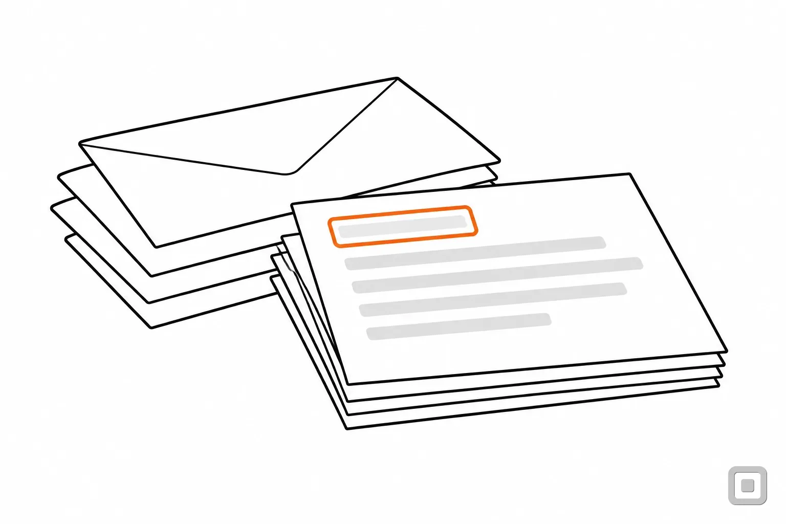 Line drawing of a pile of envelopes beside a stack of letters, the top letter's heading ringed in orange