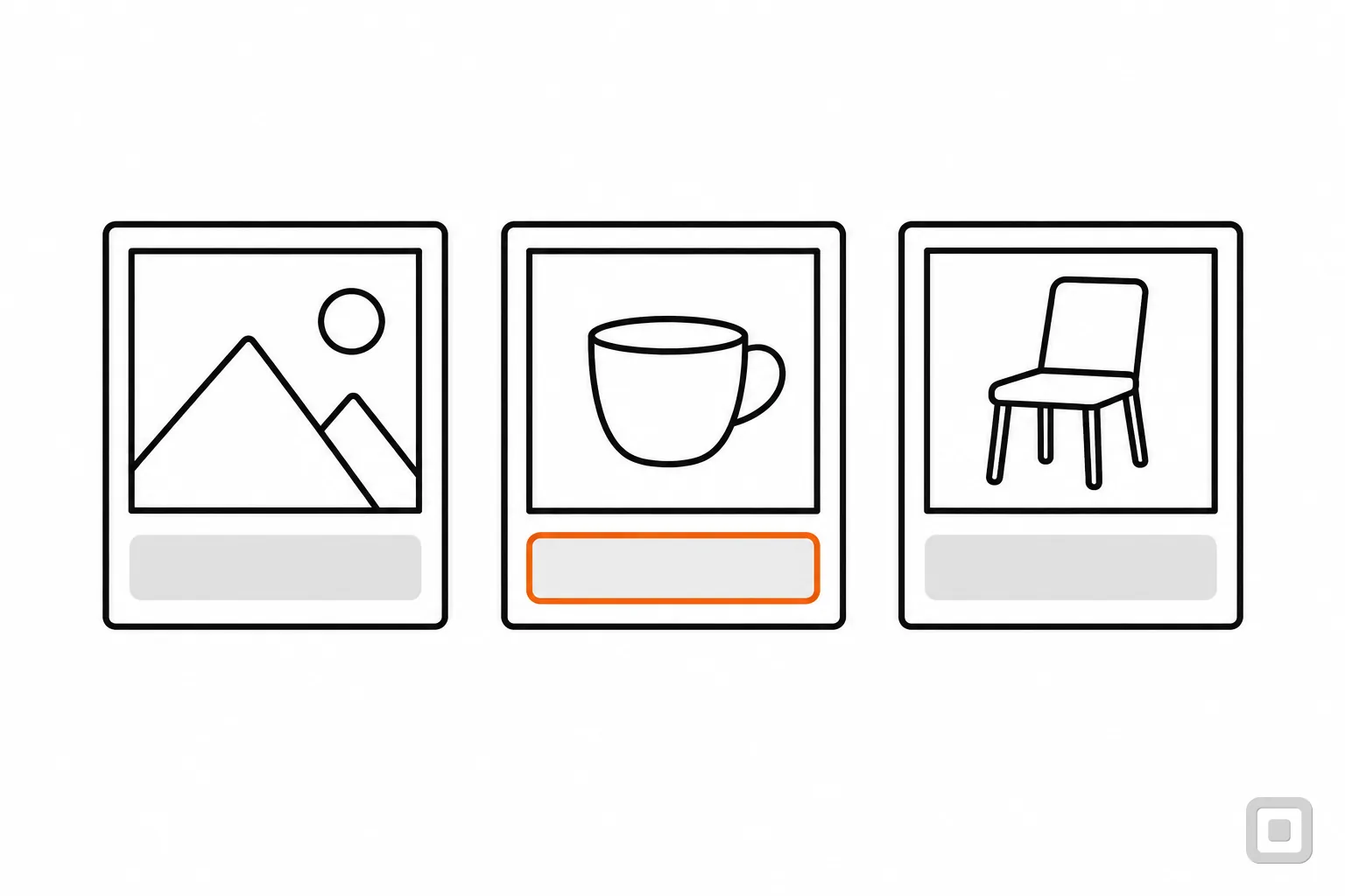 Line drawing of three picture cards with blank lines under them, the middle line ringed in orange
