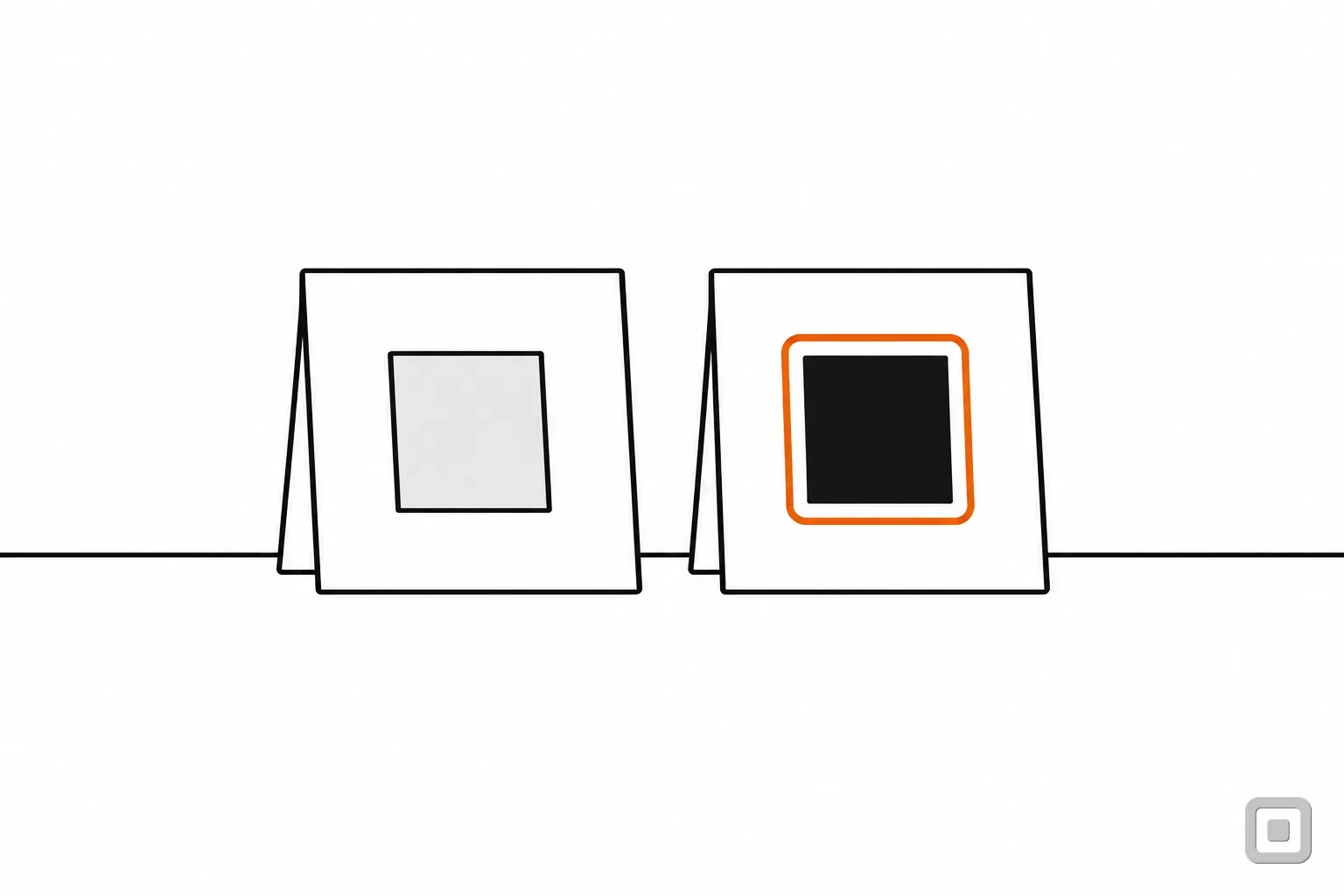Line drawing of two standing swatch cards, one pale grey and one near black, the dark one ringed in orange