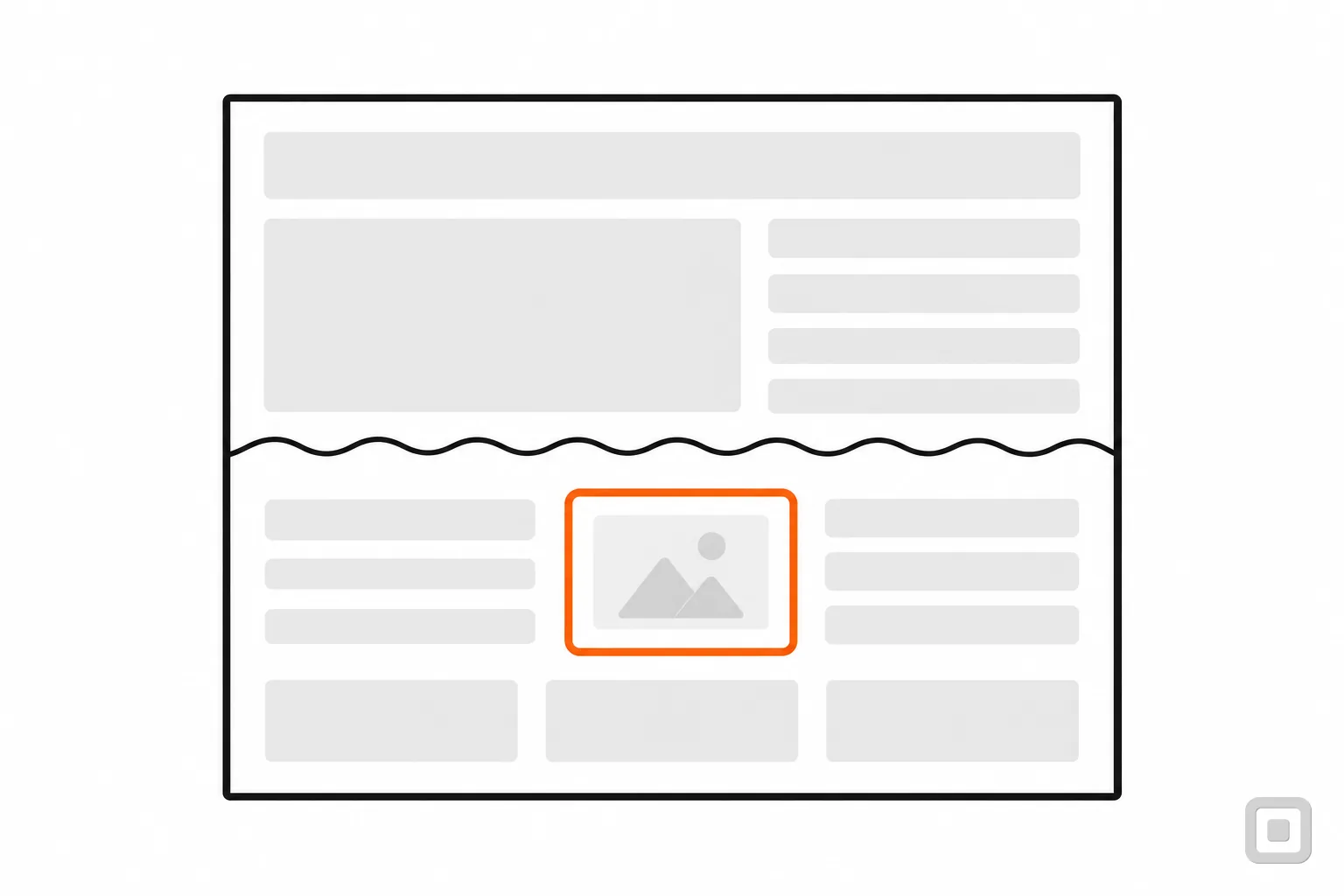 Line drawing of a page with a decorative divider and a picture ringed in orange