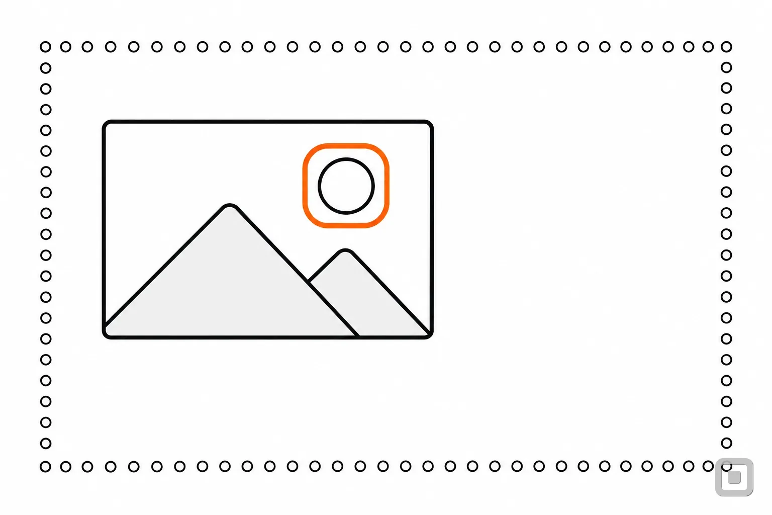 Line drawing of a dotted ornamental border around a picture of hills, the picture's sun ringed in orange