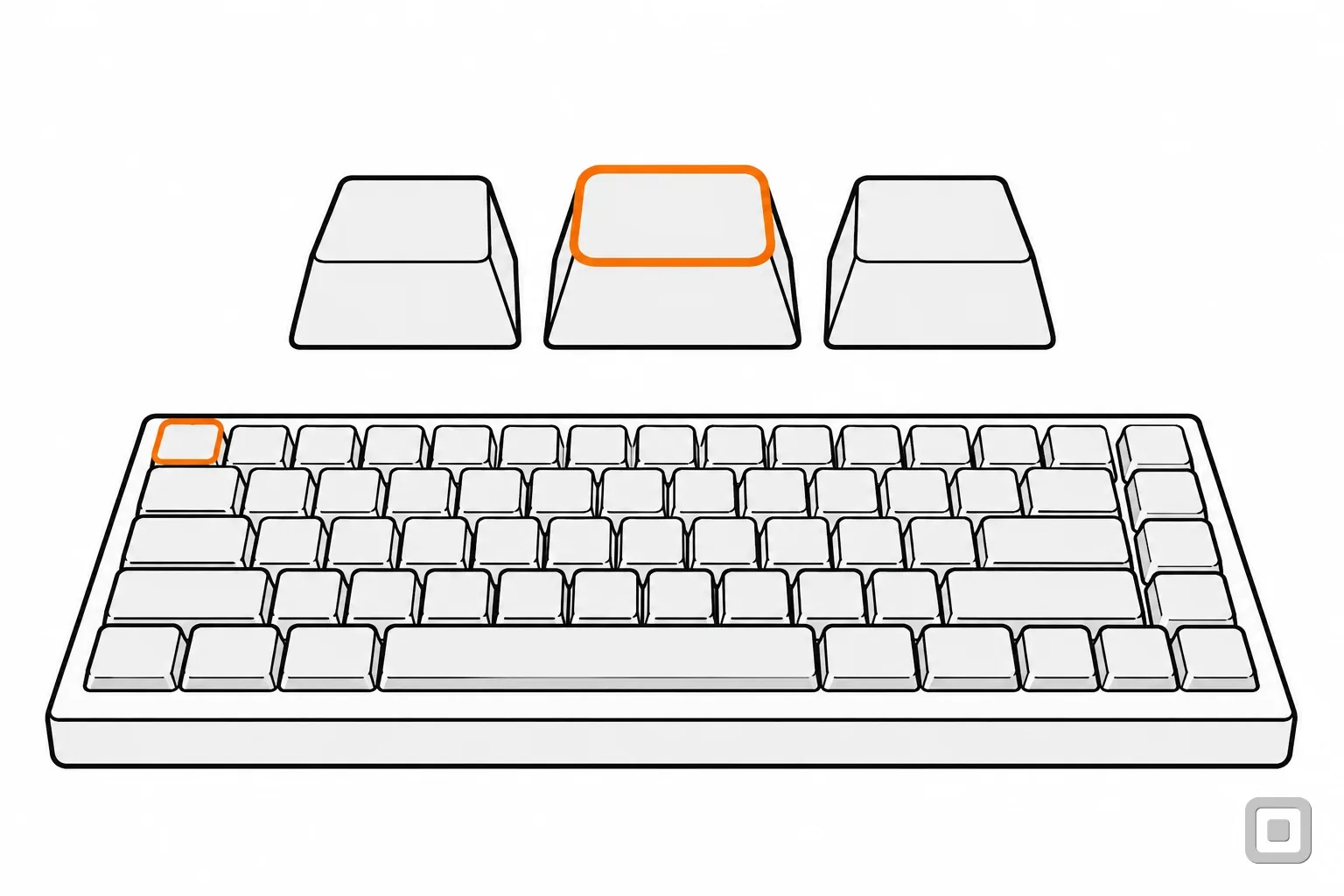 Line drawing of three large keys above a keyboard, the middle one ringed in orange and one corner key outlined in orange