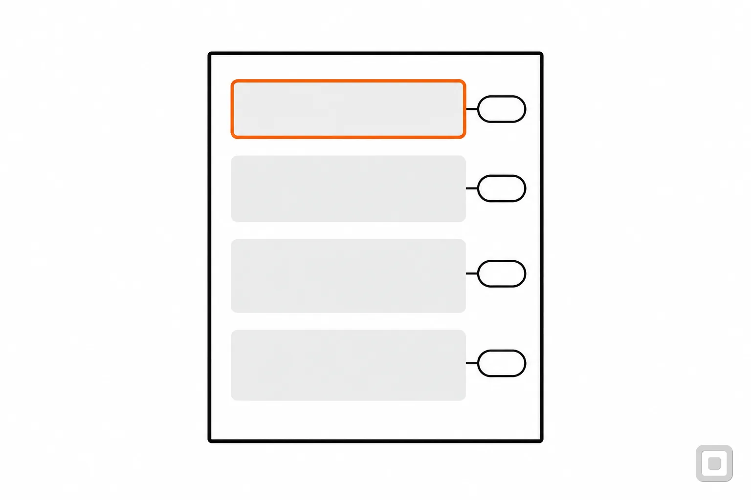Line drawing of a document with blank tags beside each block, its heading ringed in orange