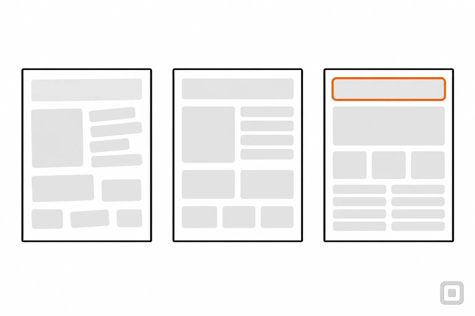 Line drawing of three sheets growing tidier left to right, the last heading ringed in orange