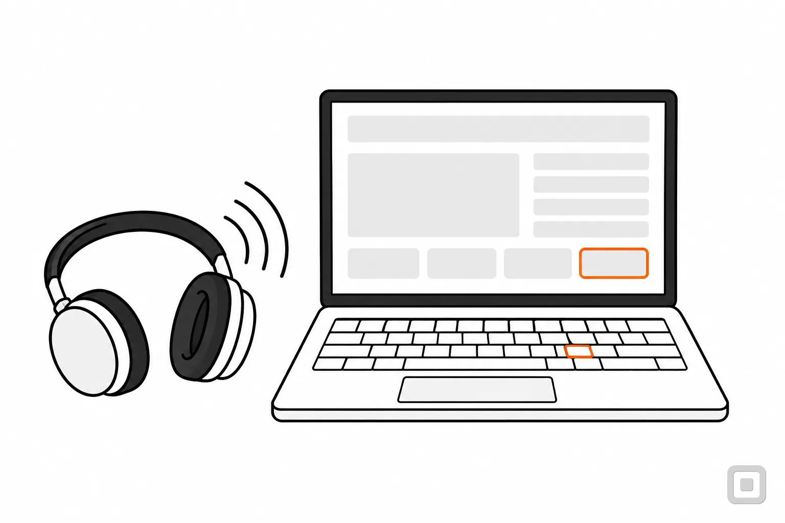 Line drawing of headphones with sound lines beside a laptop, one block ringed in orange