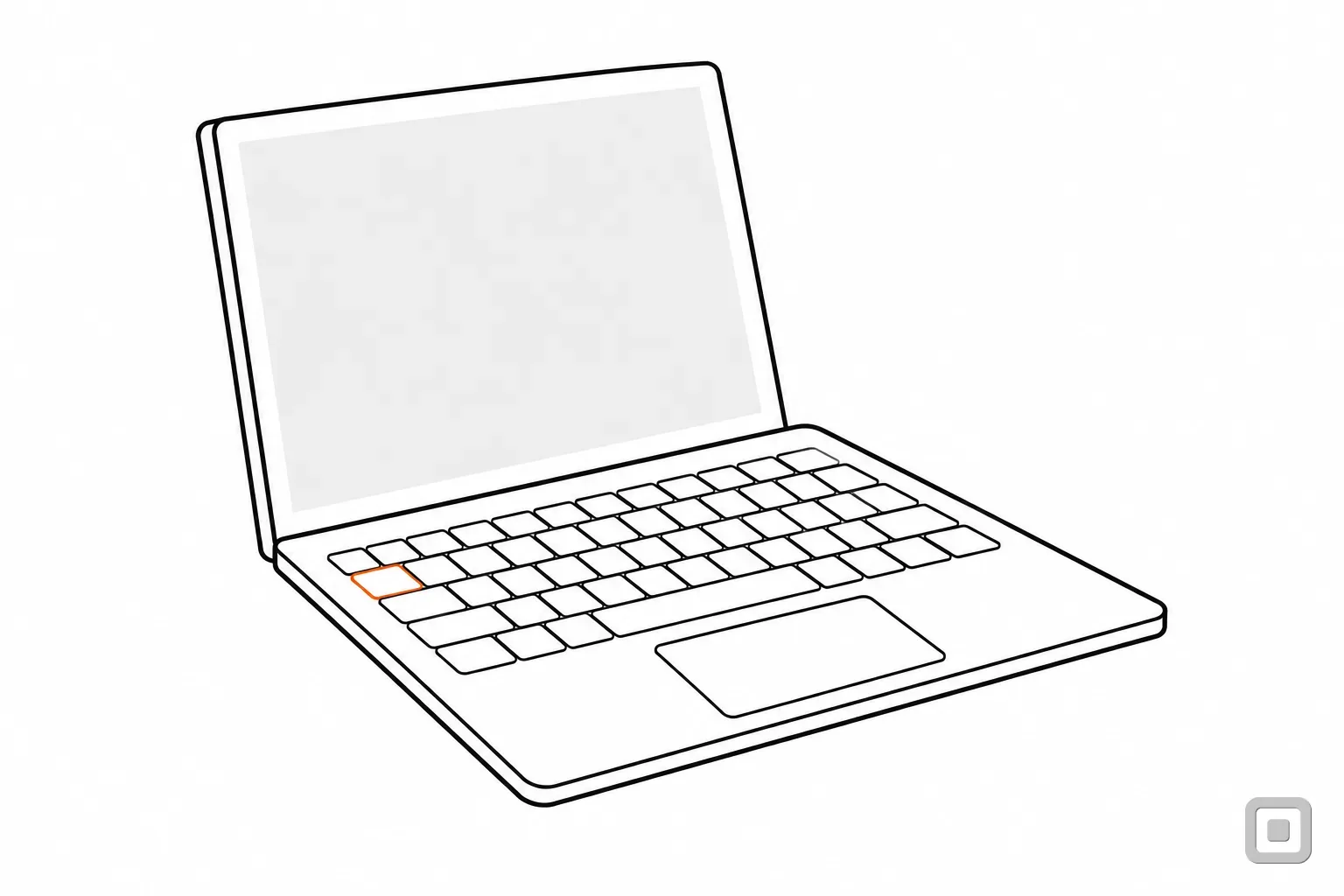 Line drawing of a laptop seen low from the left, one key at the left edge of its keyboard outlined in orange