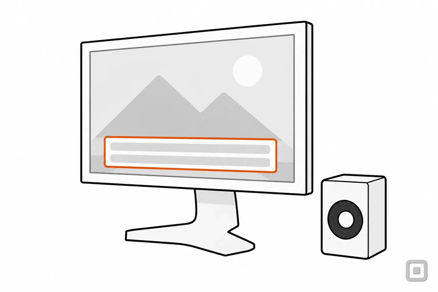 Line drawing of a video on an angled monitor, its two caption lines ringed in orange, a speaker beside it
