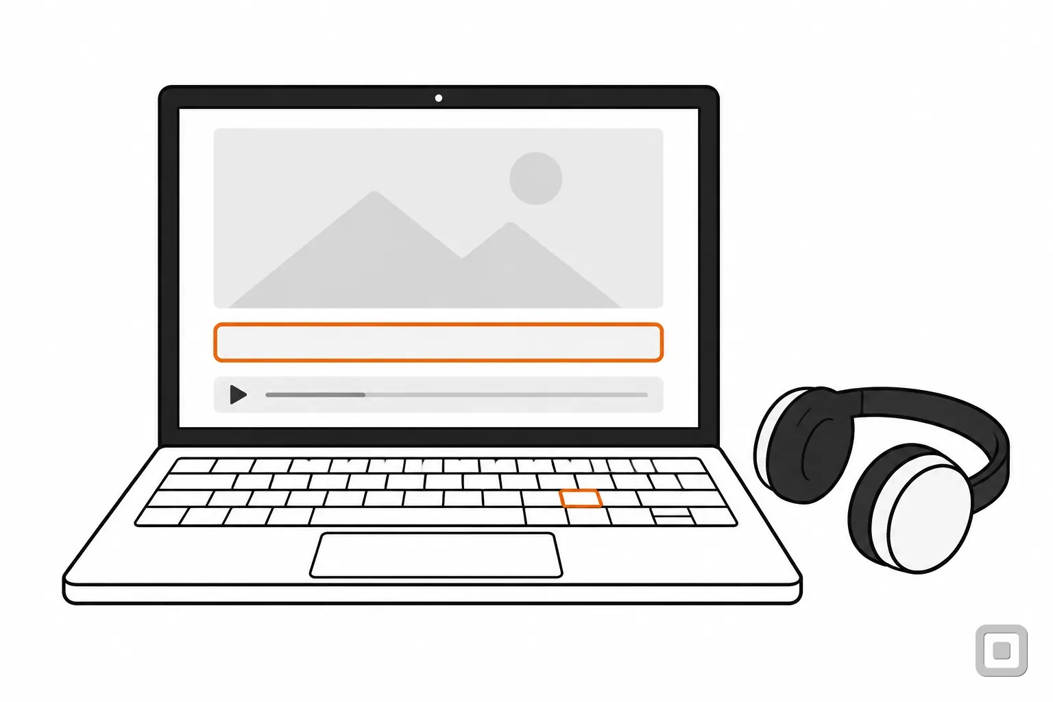 Line drawing of a laptop video with its caption bar ringed in orange and headphones beside it