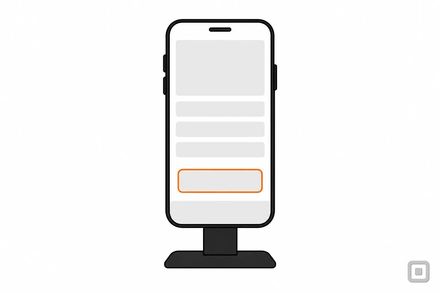 Line drawing of a monitor page with a bottom bar and a button above it ringed in orange