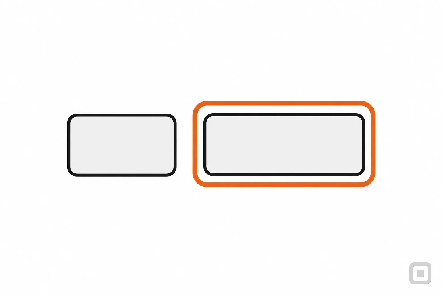 Line drawing of a small and a large button, the large one ringed in orange