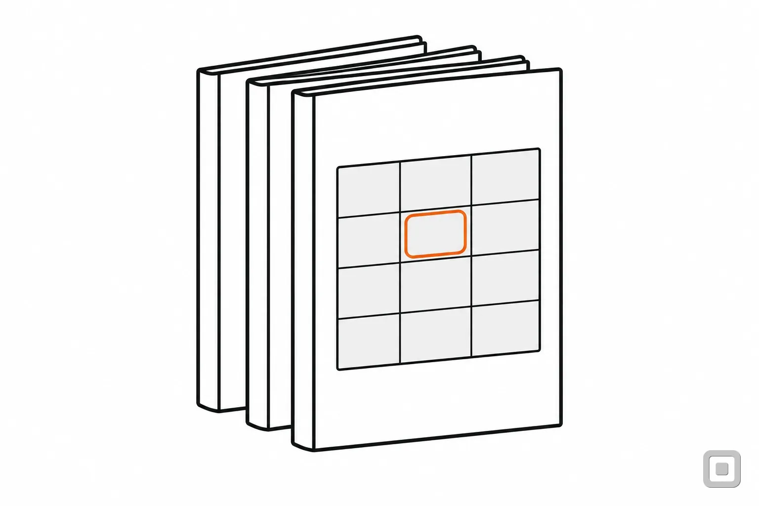 Line drawing of report booklets standing in a row, the front cover's blank table with one cell ringed in orange