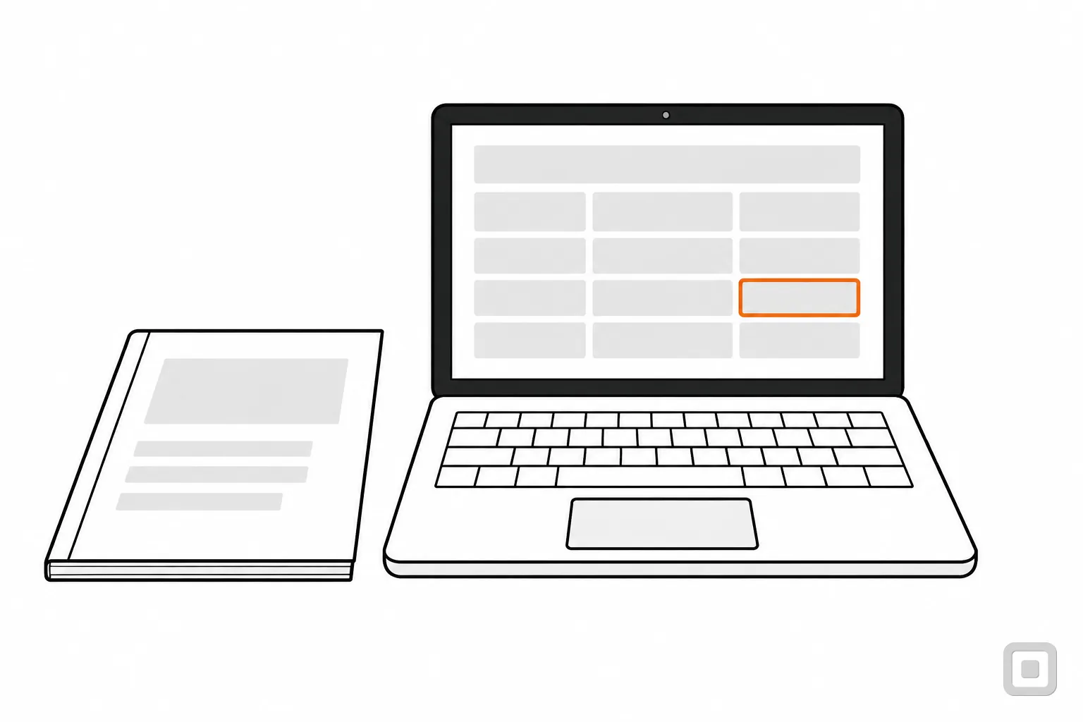 Line drawing of a report beside a laptop showing a table, one cell ringed in orange