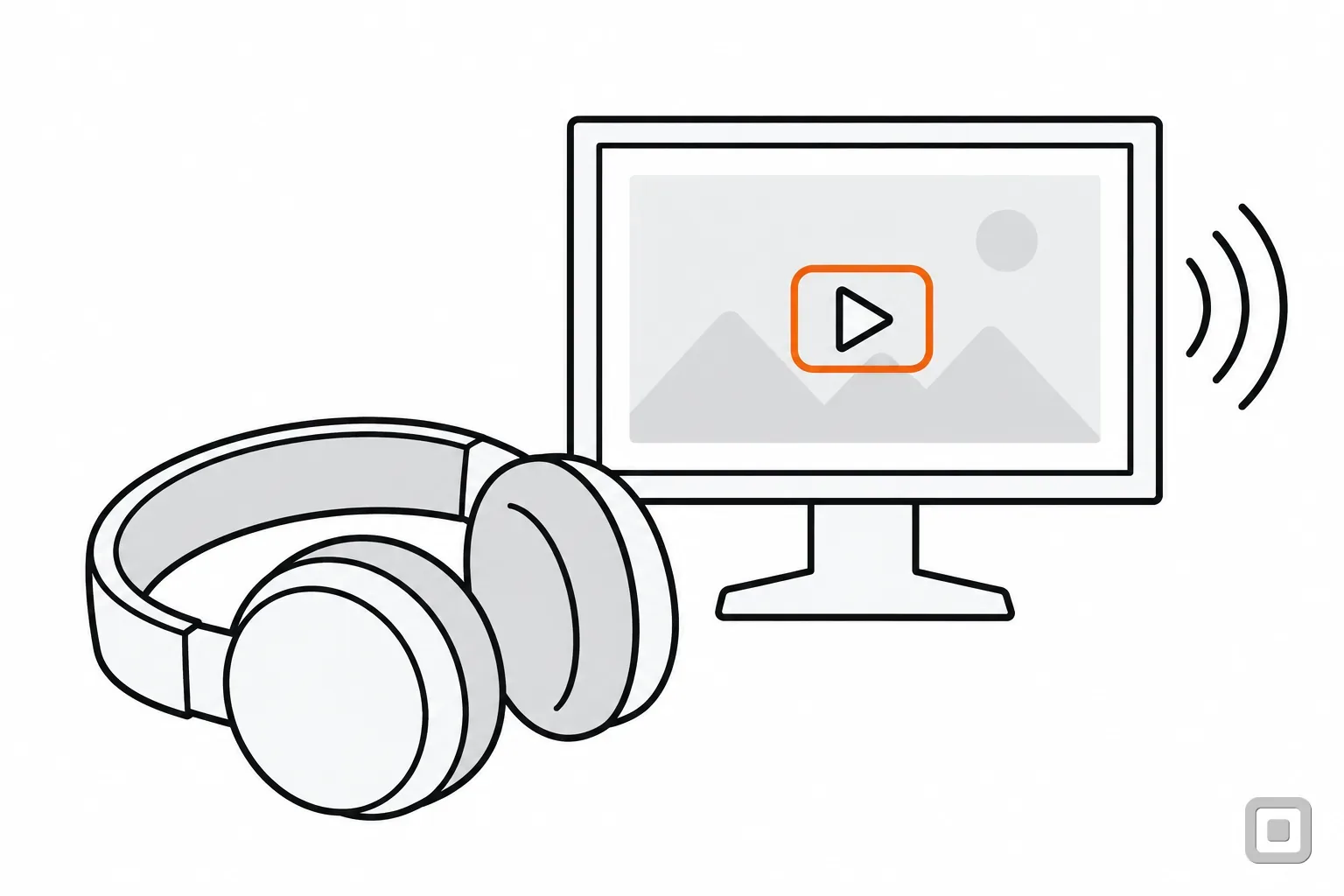 Line drawing of headphones before a monitor video with sound lines, its play button ringed in orange