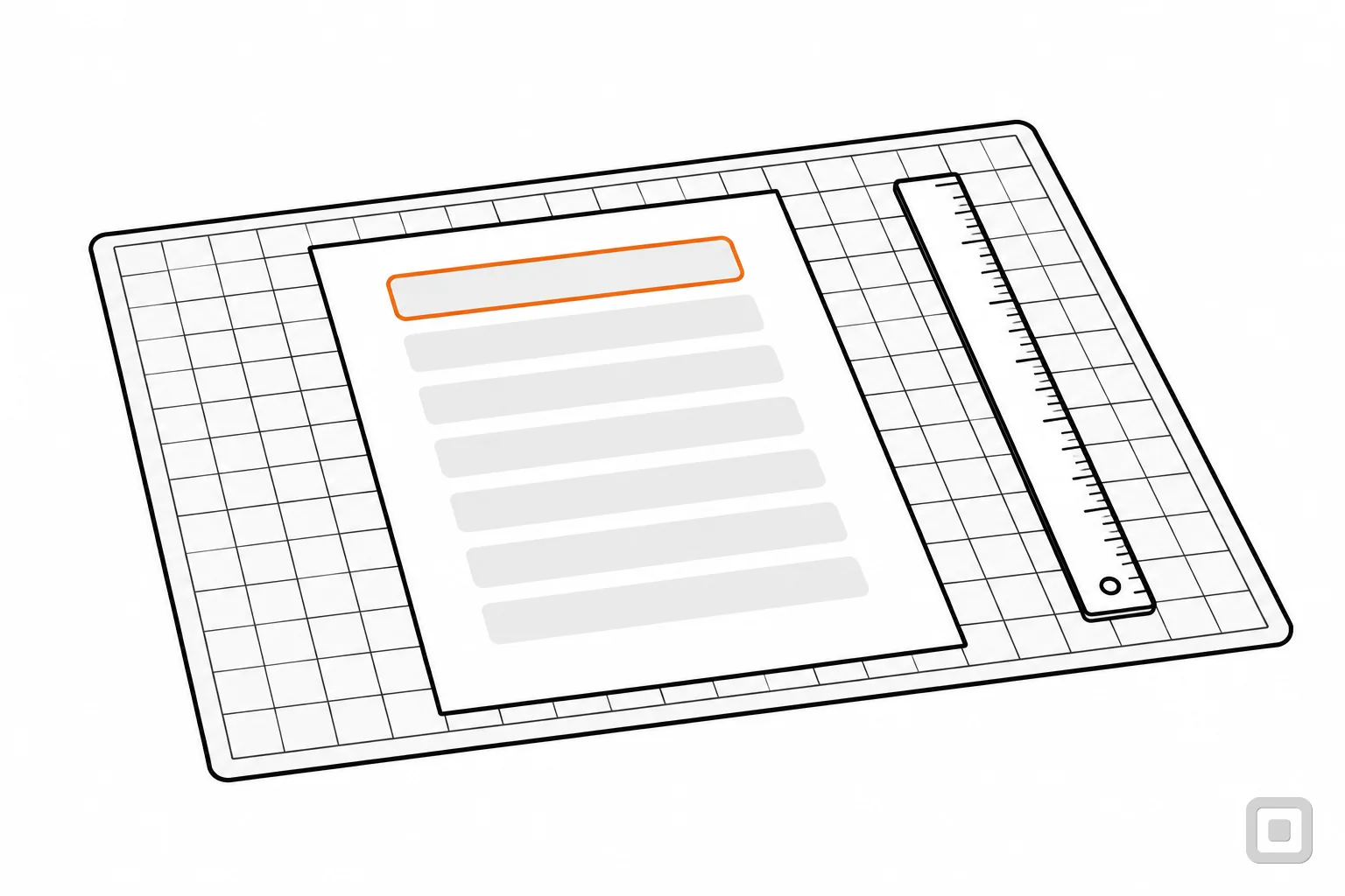Line drawing of a document on a cutting mat with a ruler, its heading ringed in orange