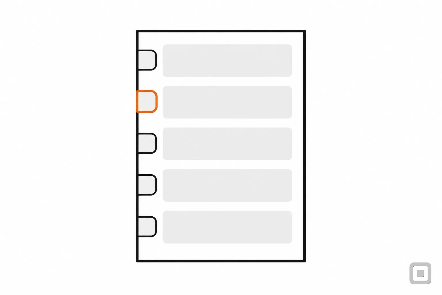 Line drawing of a document with a blank tab at the edge of each block, one tab outlined in orange