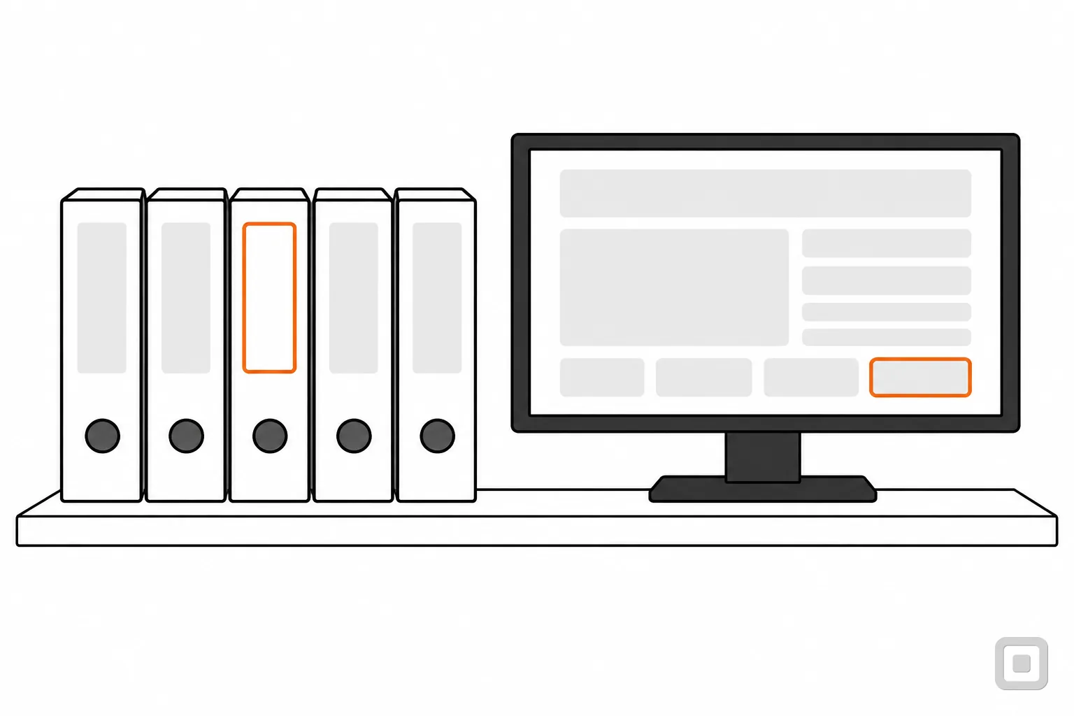 Line drawing of binders on a shelf beside a monitor, one spine ringed in orange