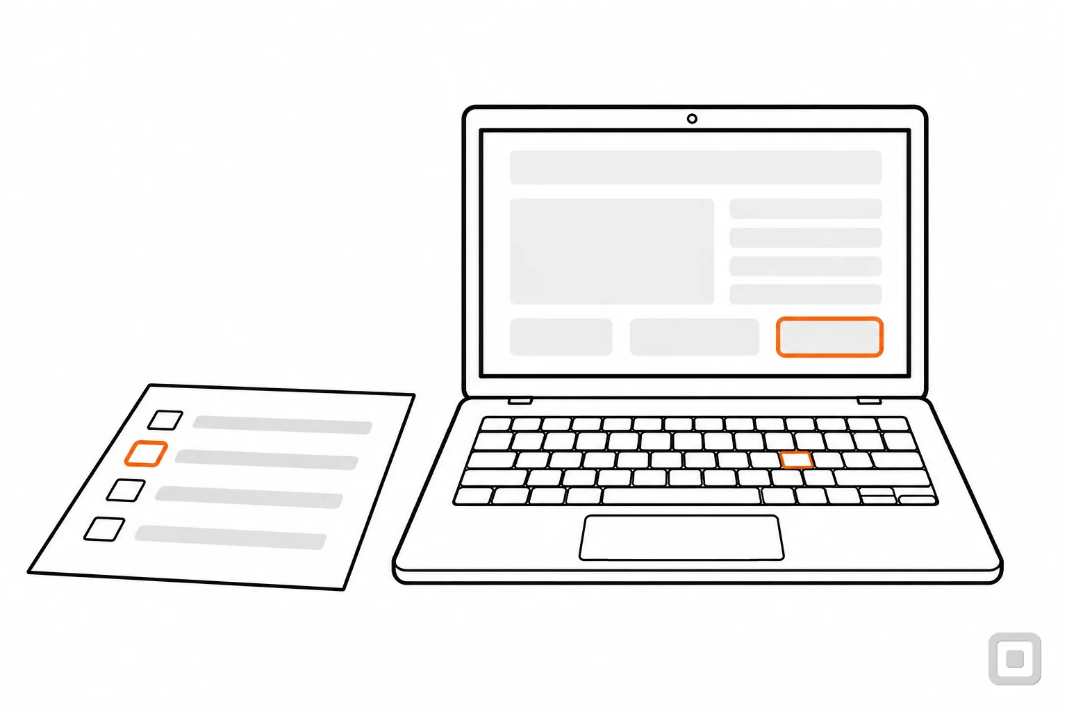 Line drawing of a printed form beside a laptop, one box ringed in orange