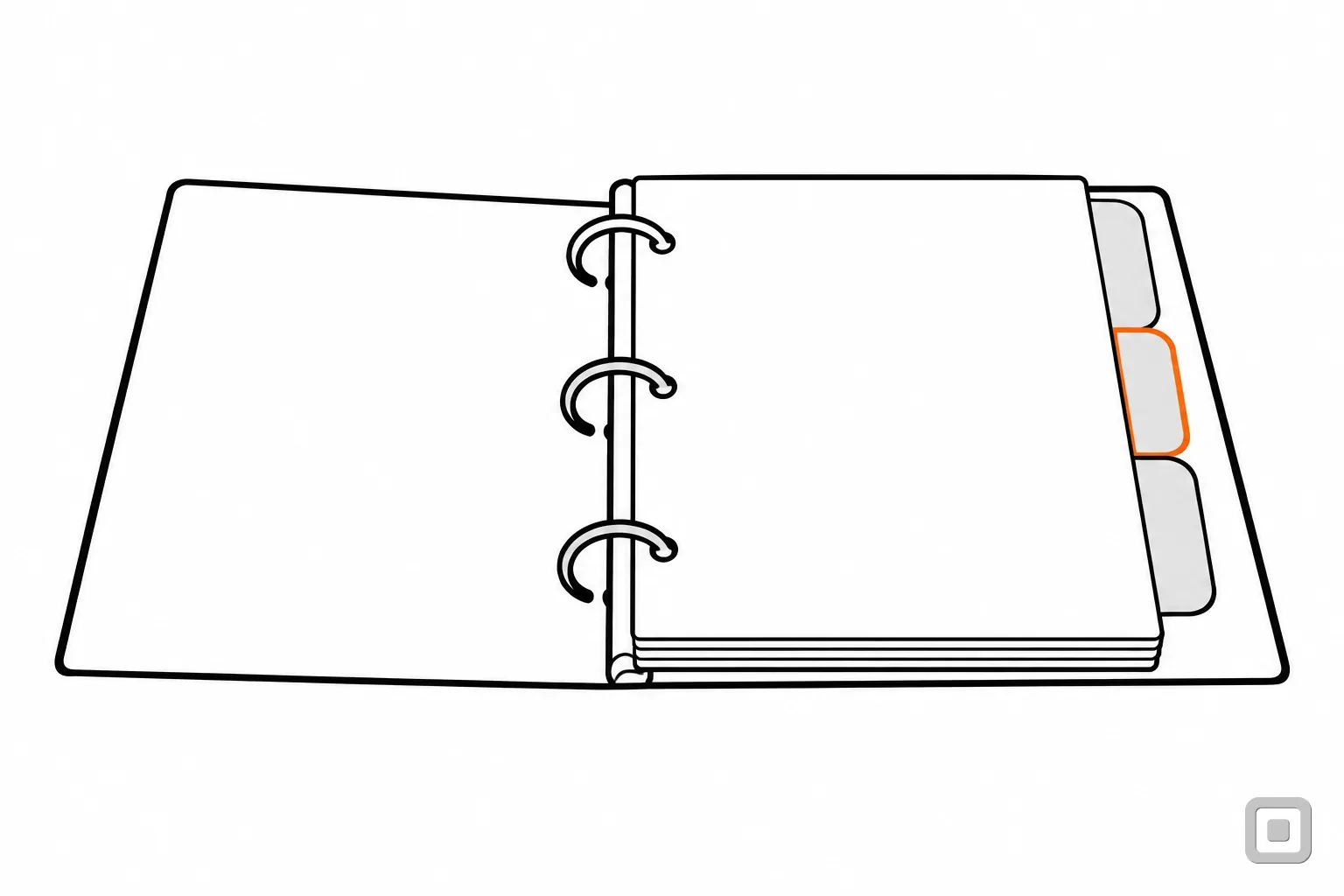 Line drawing of an open binder with tabbed dividers, one tab ringed in orange