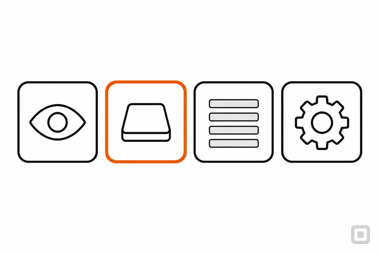 Line drawing of four tiles with an eye, a key, lines and a gear, the key tile ringed in orange