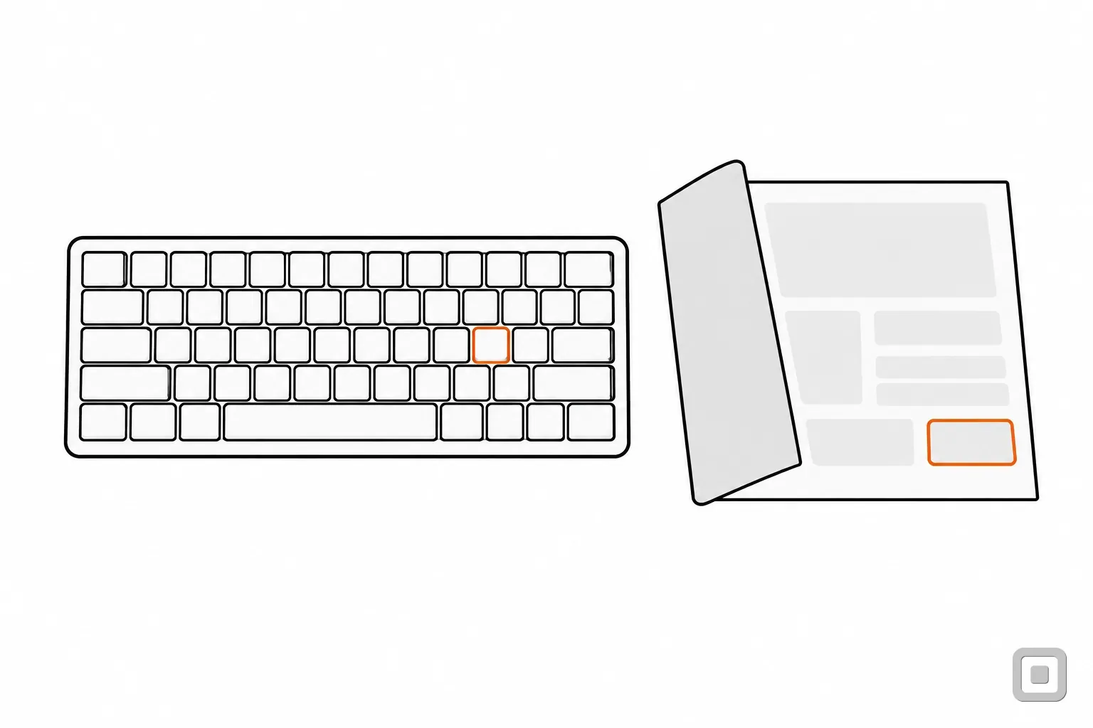 Line drawing of a keyboard with one orange key beside a grey sheet peeled back from a page whose button is ringed in orange