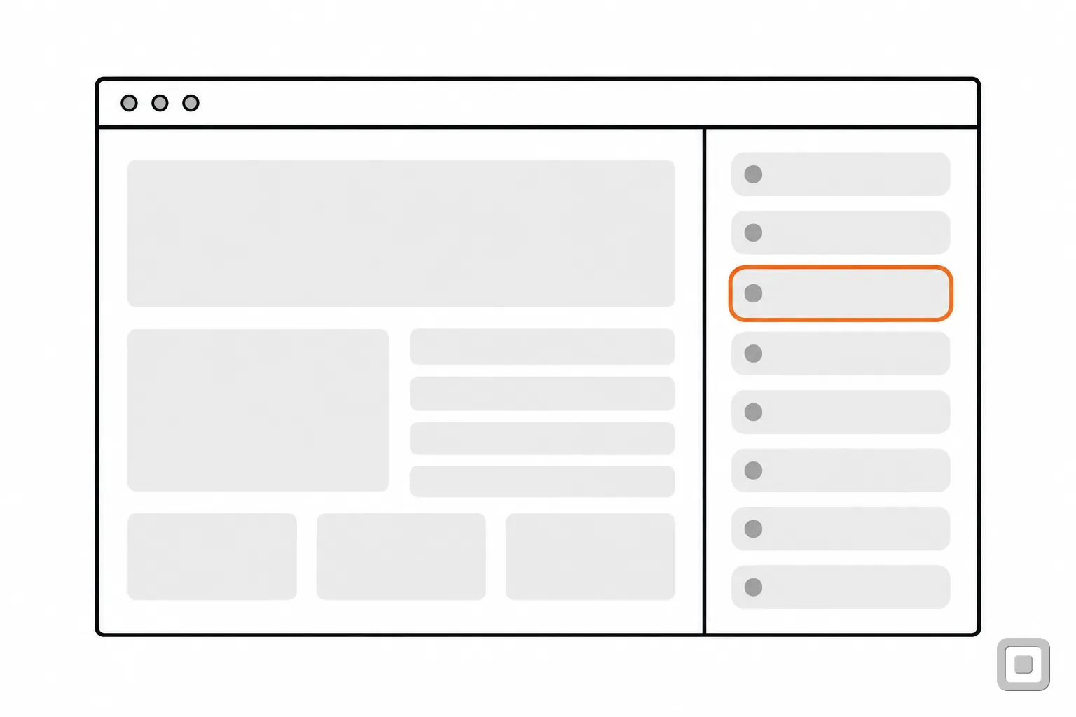 Line drawing of a browser window with a column of result rows down its right side, one row ringed in orange