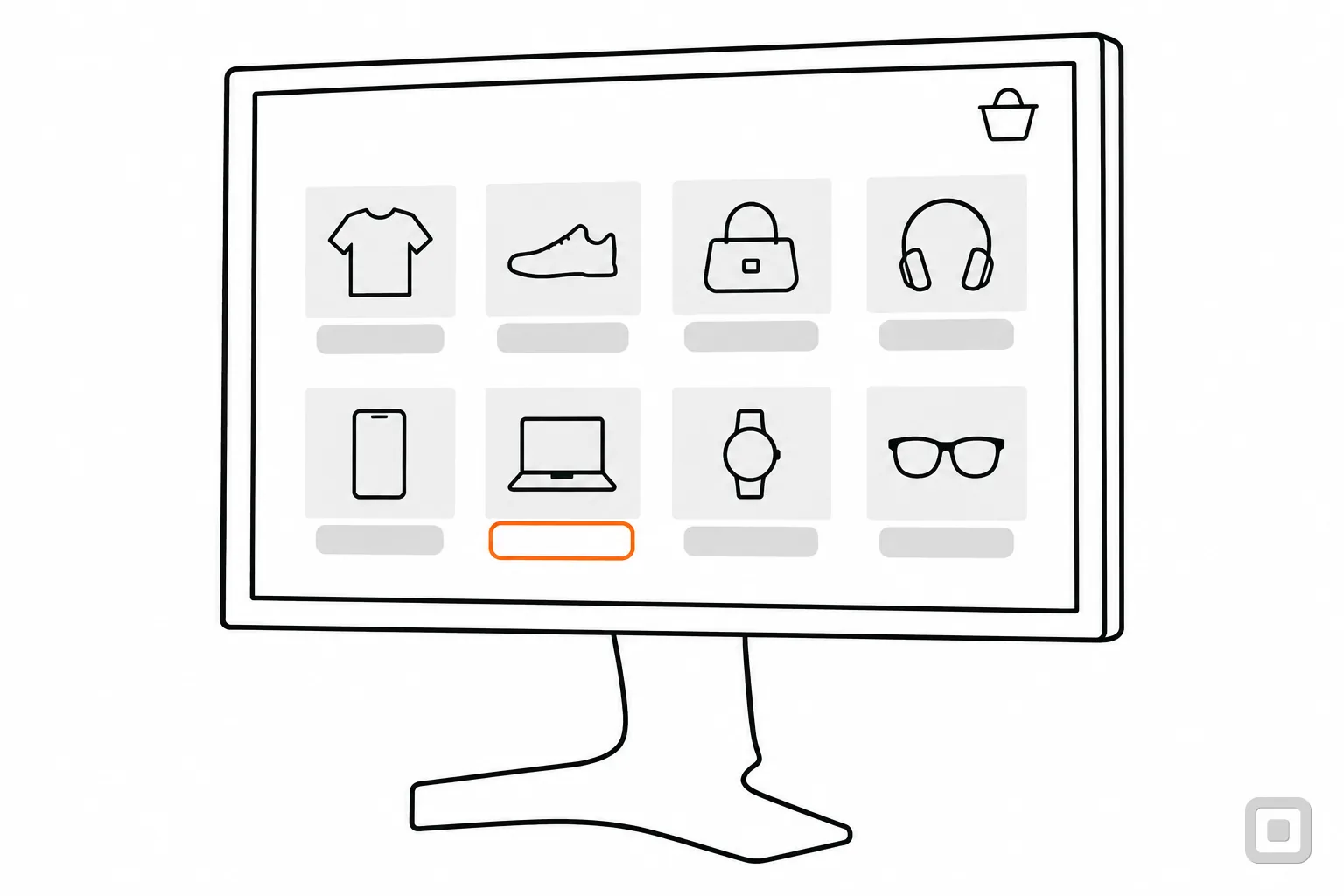Line drawing of a shop page on a monitor, one add button ringed in orange