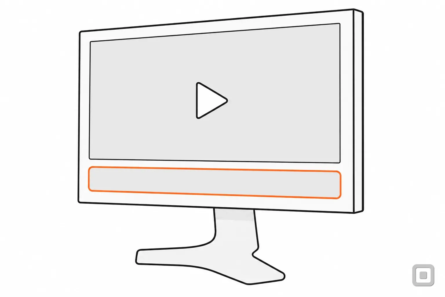 Line drawing of a monitor showing a video with a play button, its blank caption bar ringed in orange