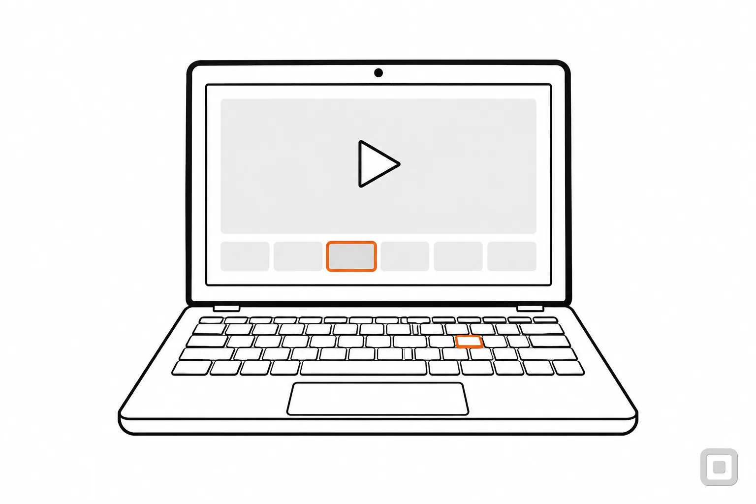 Line drawing of a laptop with a video and a timeline, one timeline block ringed in orange