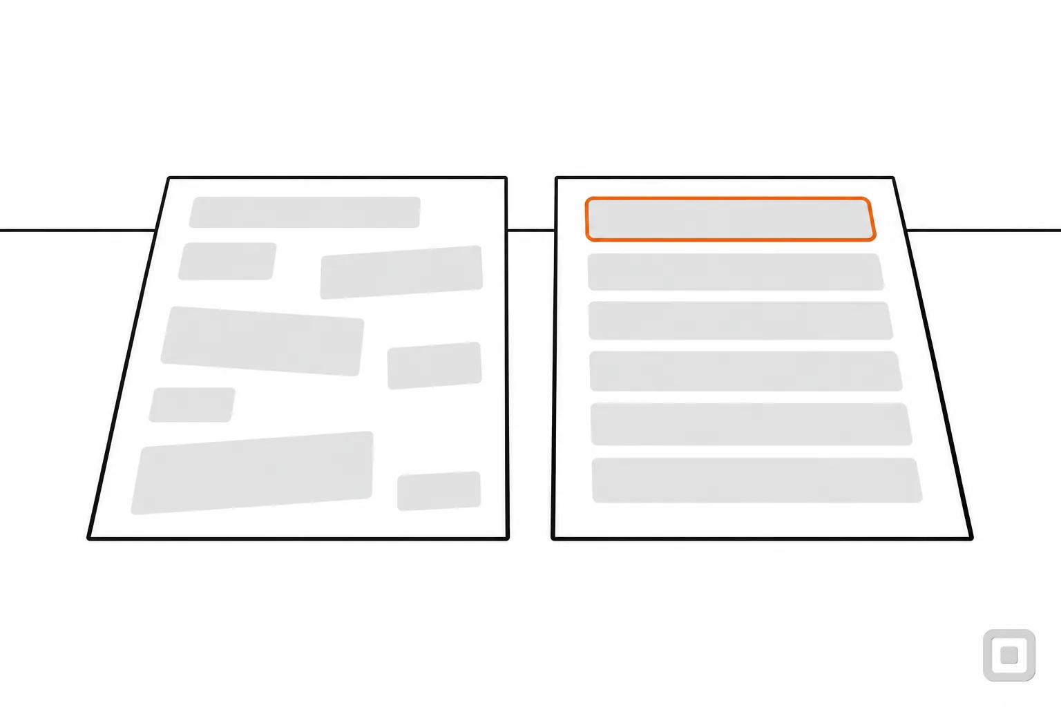 Line drawing of a messy and a tidy document sheet, the tidy sheet's heading ringed in orange