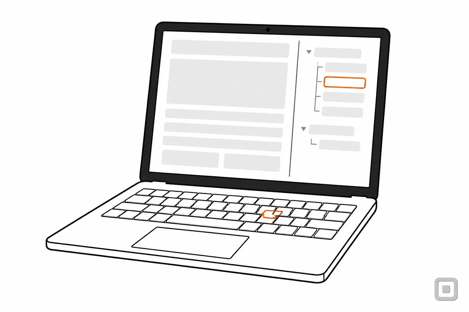 Line drawing of a laptop showing a document beside an outline panel, one row of the outline ringed in orange