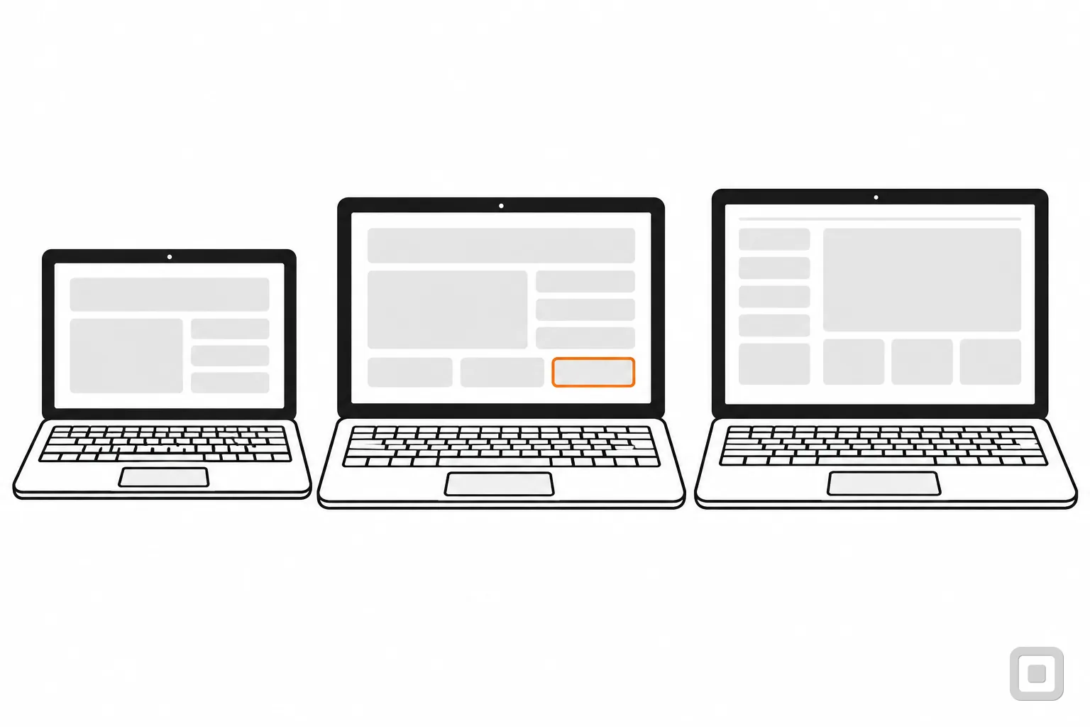 Line drawing of three laptops showing page layouts, one button ringed in orange