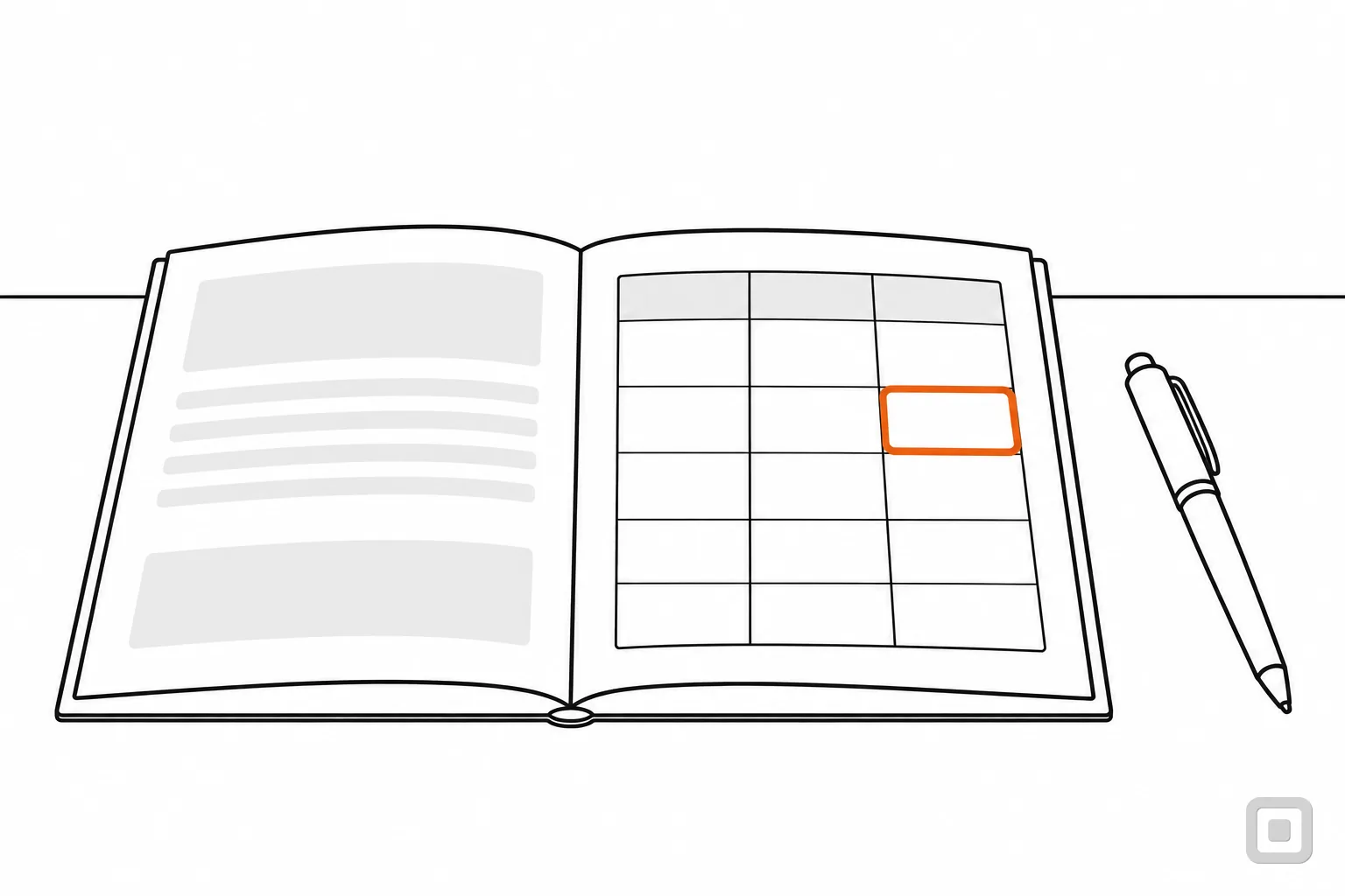 Line drawing of an open report with a blank table, one cell ringed in orange
